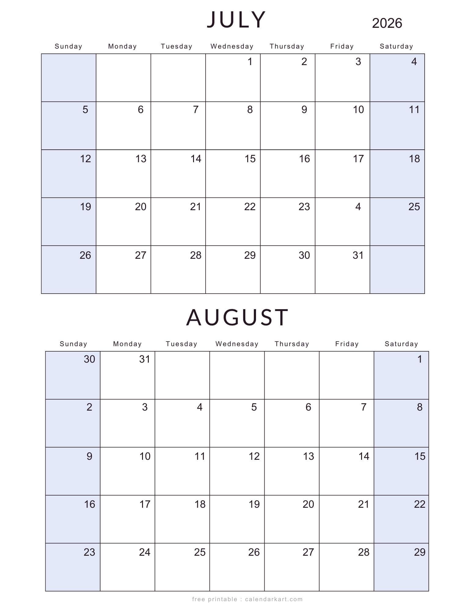 July August 2026 Standard Calendar Soft Pastel