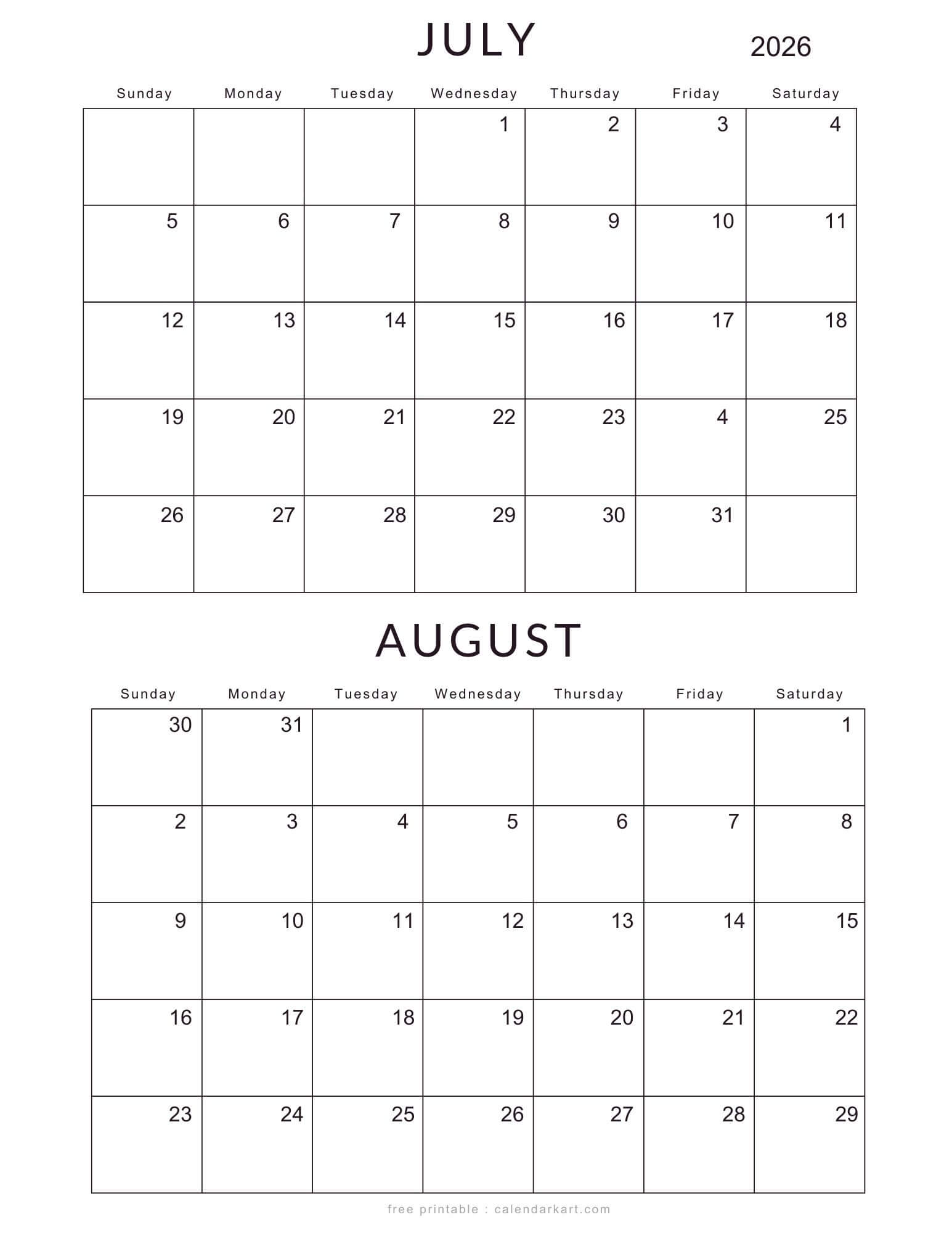 July August 2026 Standard Calendar