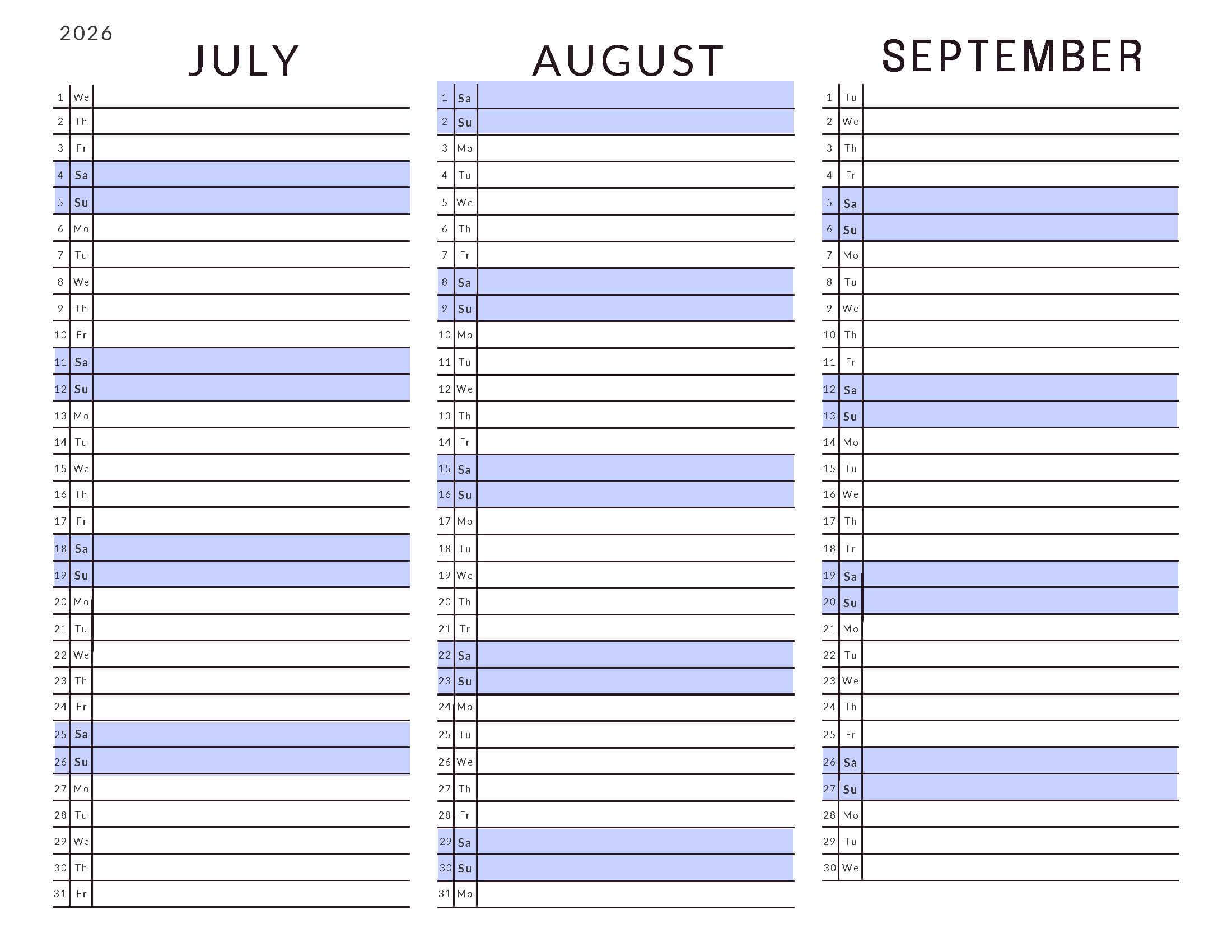 July-September 2026 Calendars List View Soft Pastel