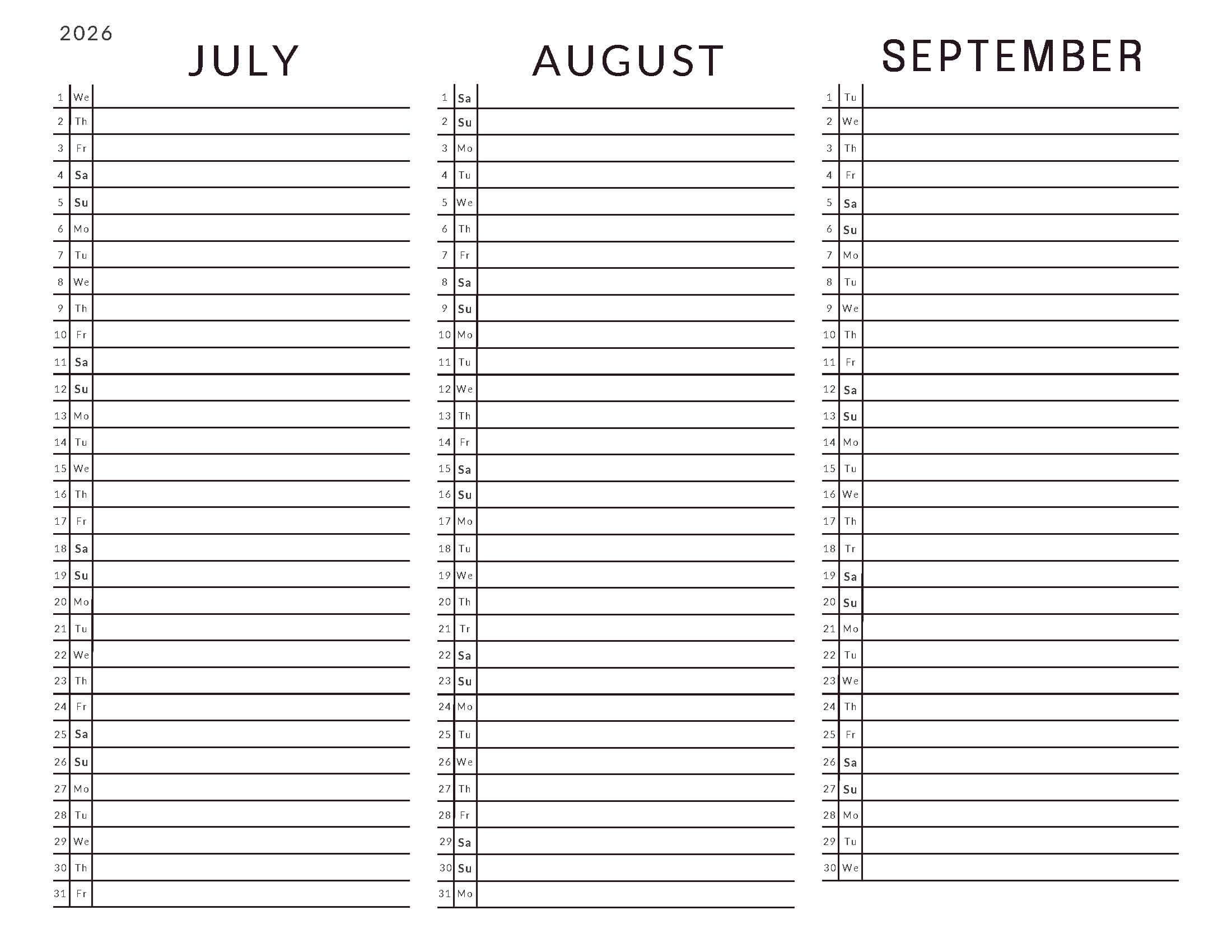 July-September 2026 Calendars List View
