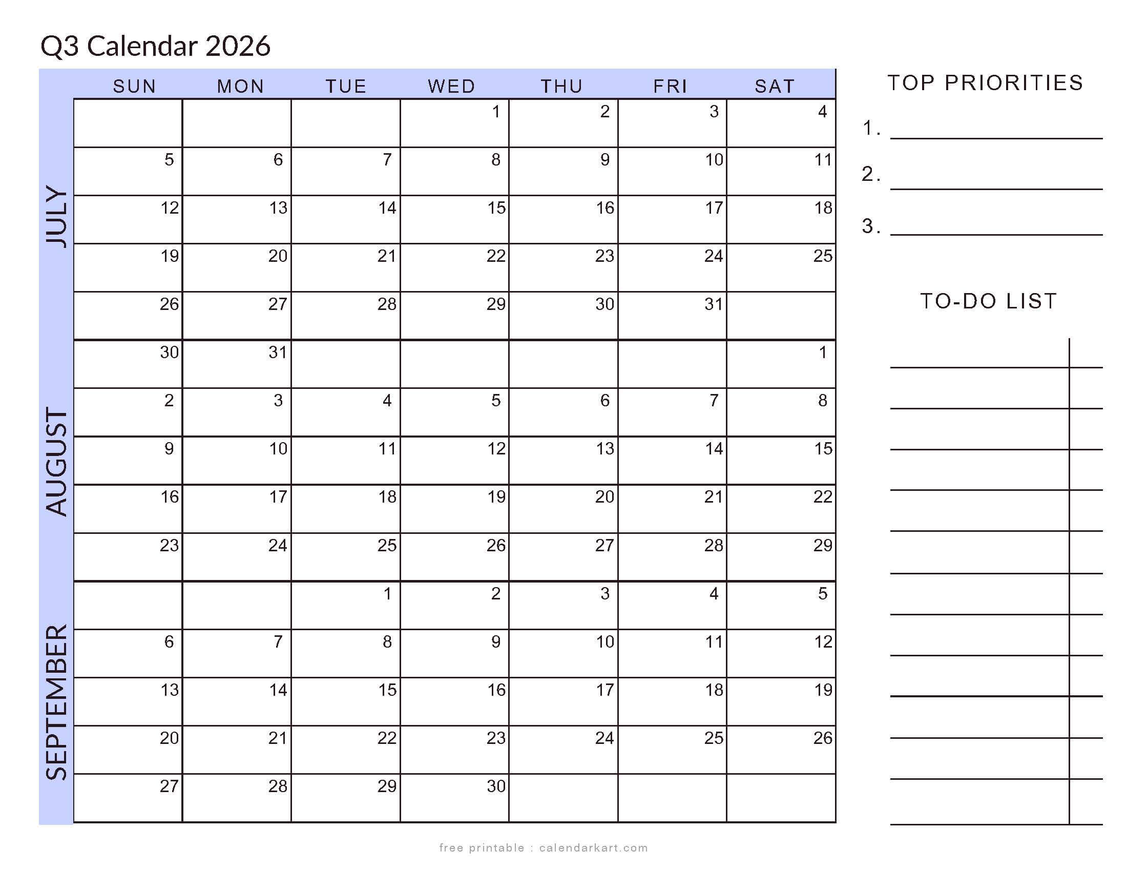 July-September 2026 Q-3 With To Do List Soft Pastel