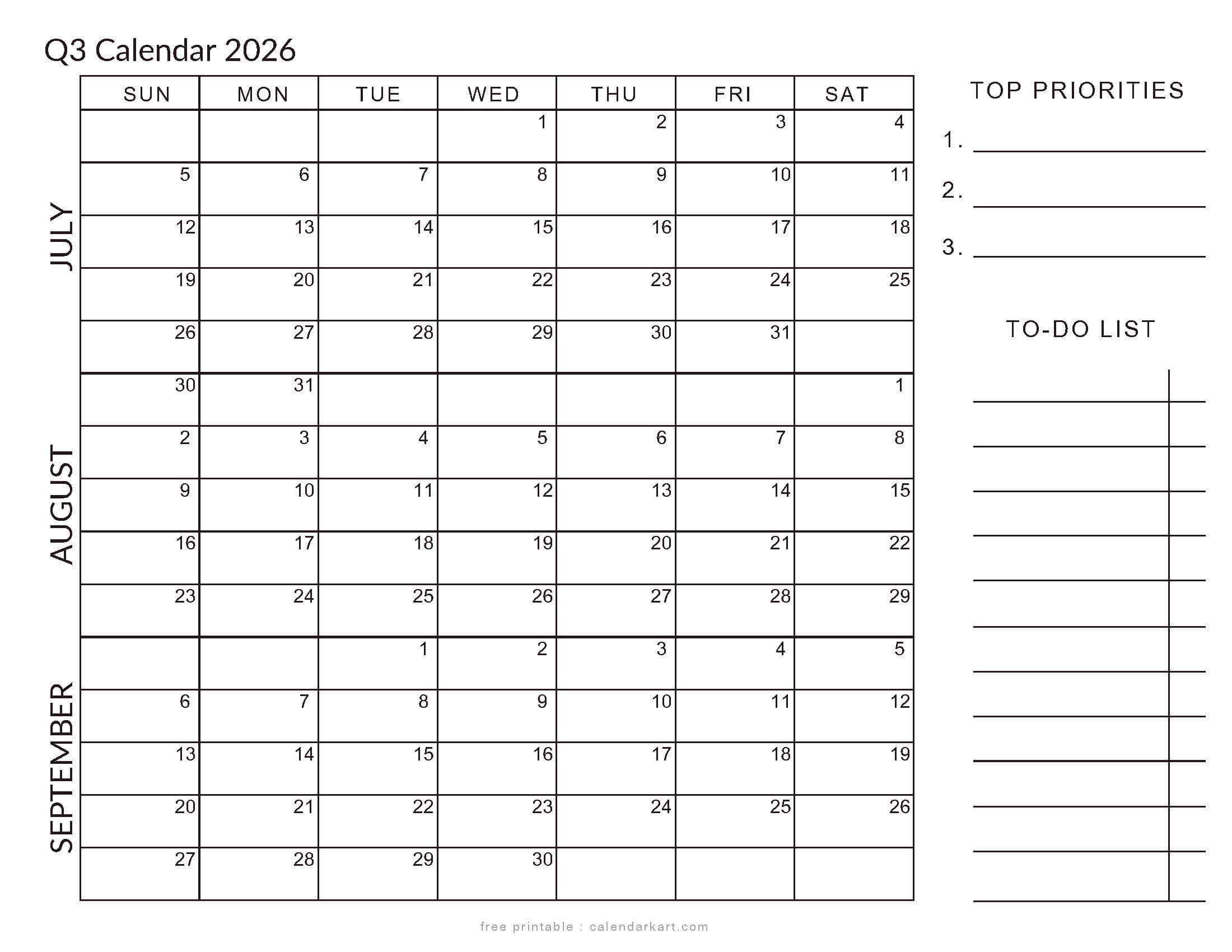 July-September 2026 Q-3 With To Do List