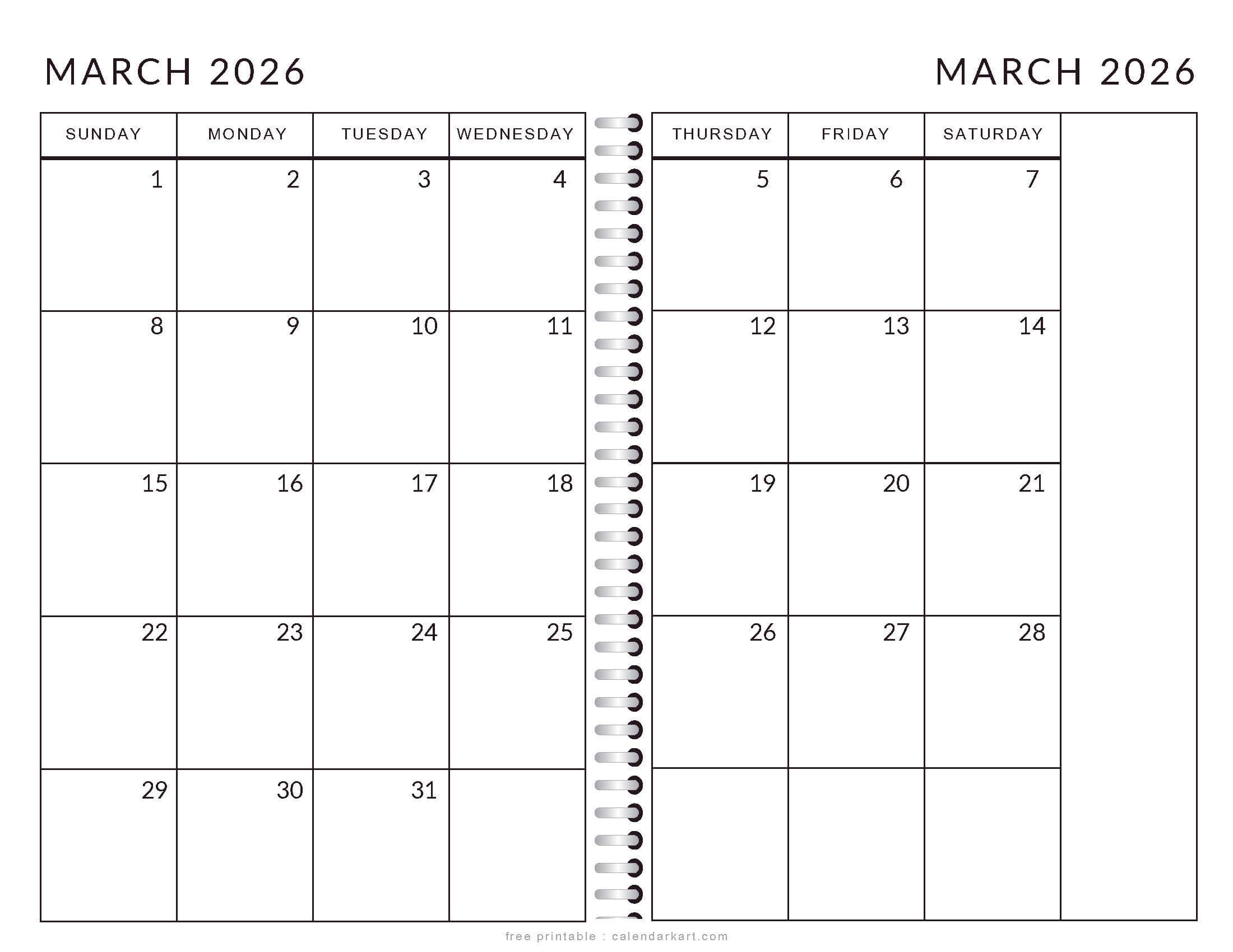 March 2026 Calendar 2-Page Printable