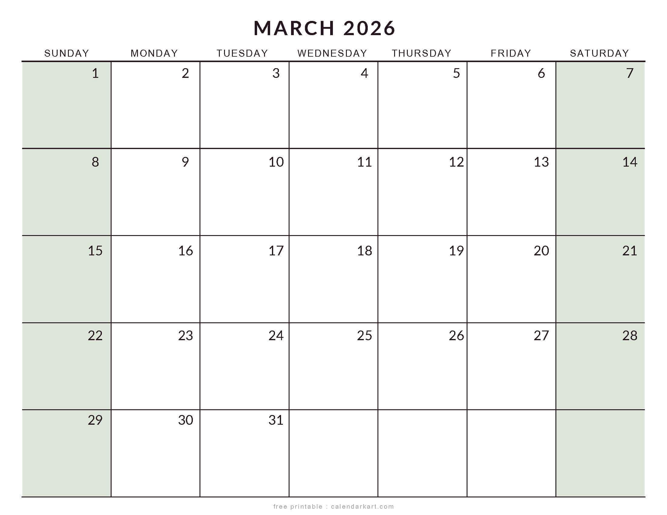 March 2026 Calendar Extra Large Printable Soft Pastel