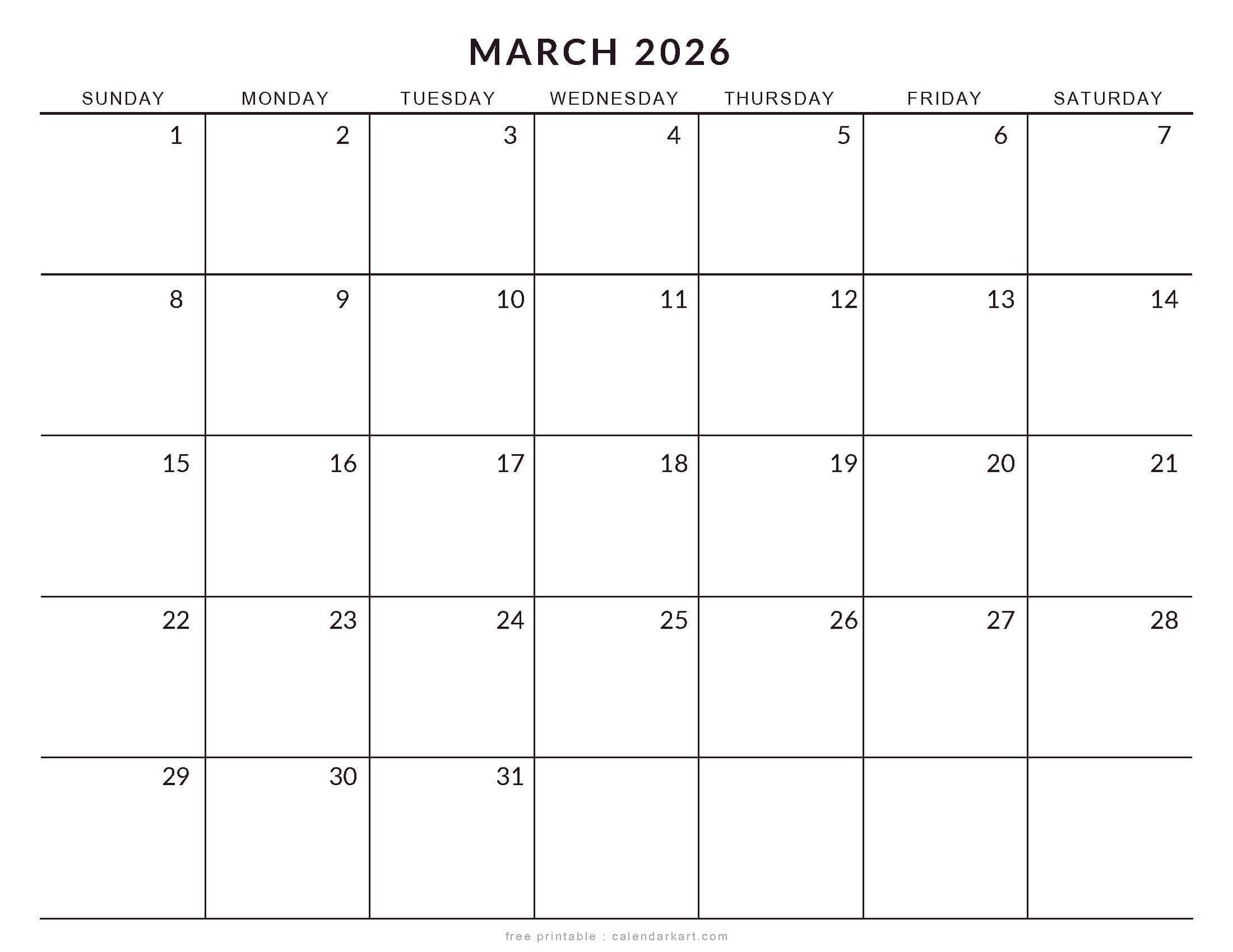 March 2026 Calendar Extra Large Printable