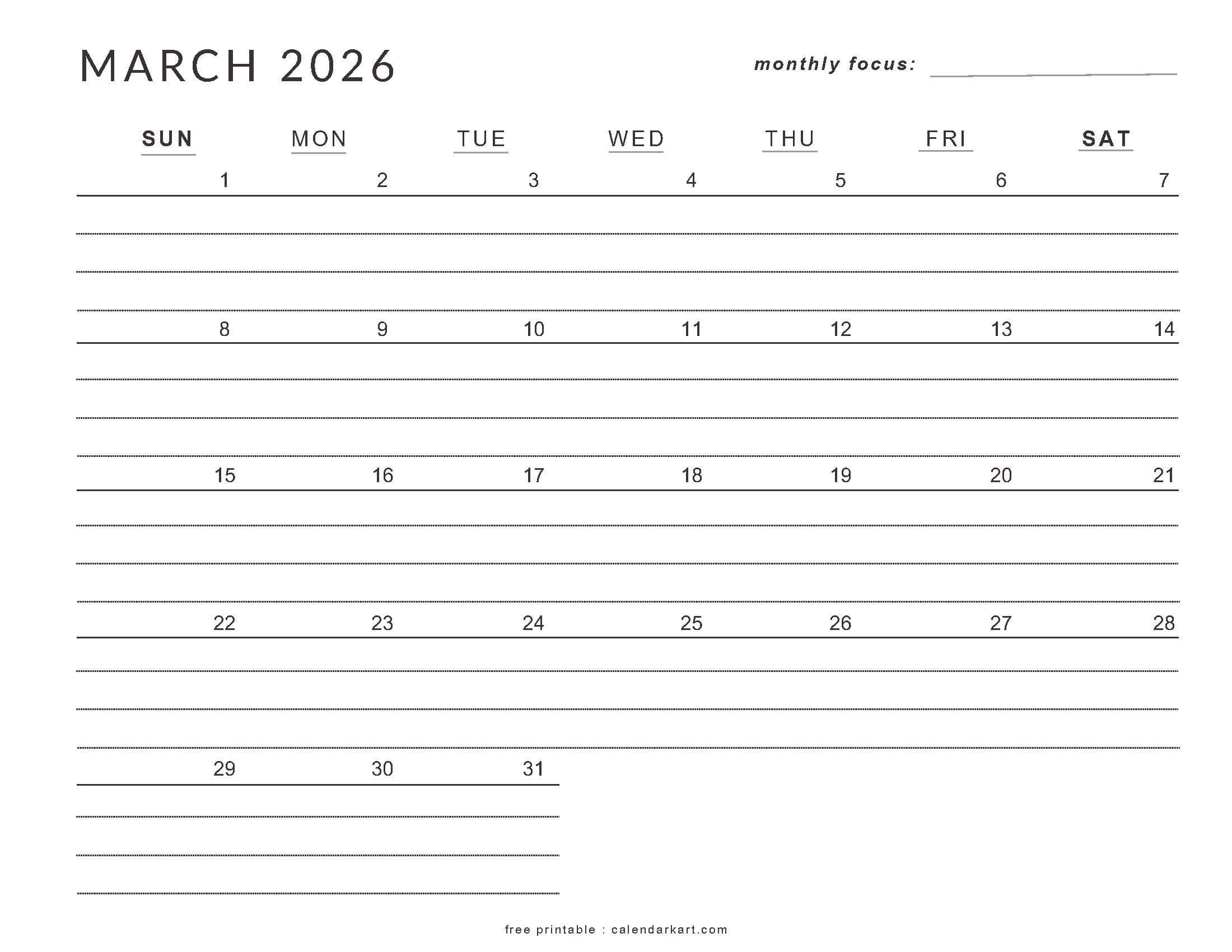 March 2026 Calendar Lined Printable