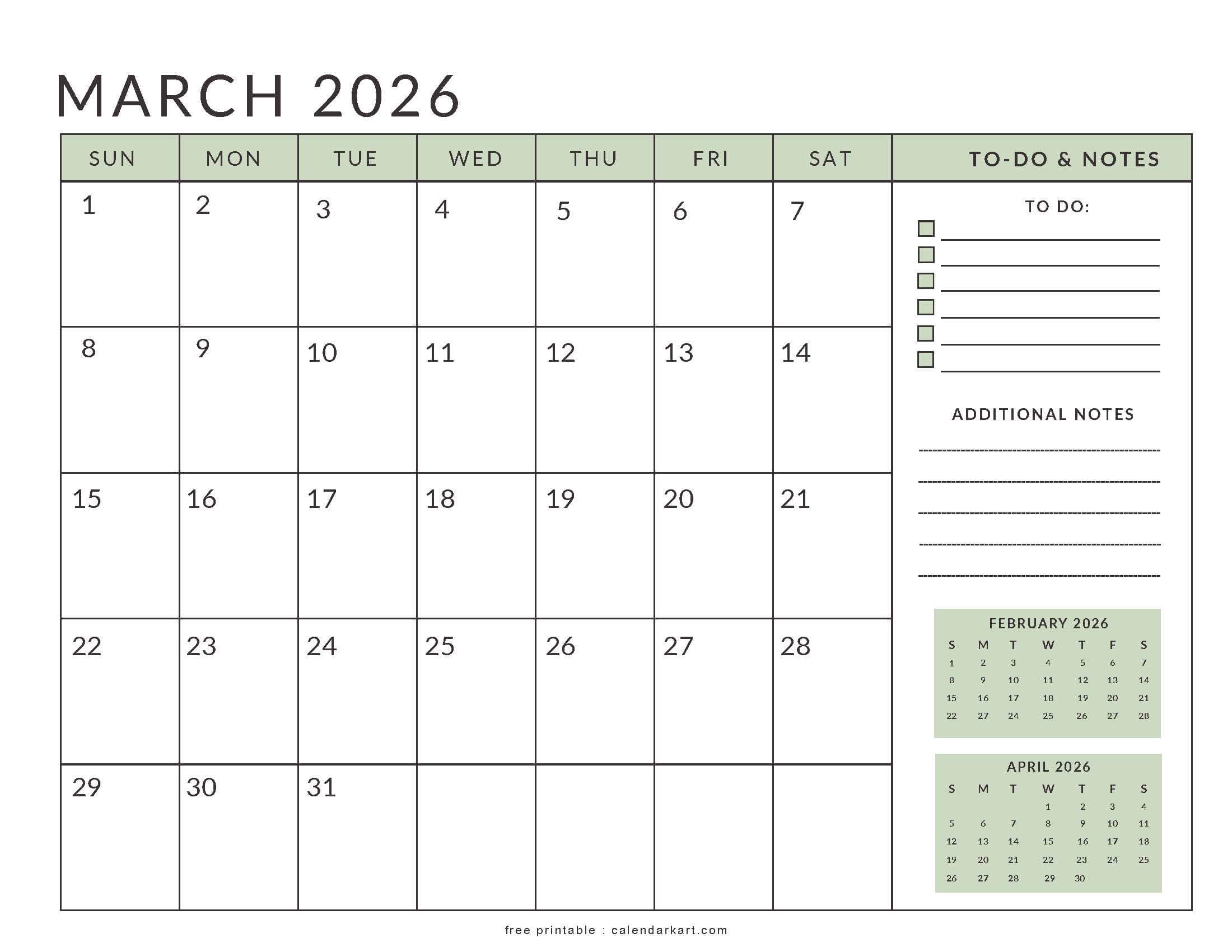 March 2026 Calendar Planner Printable
