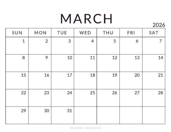 March 2026 Calendar Standard Printable