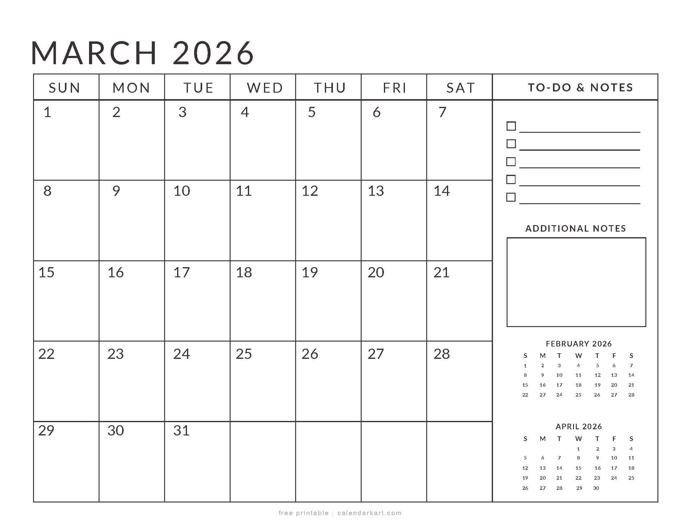 March 2026 Calendar Standard Printable Planner