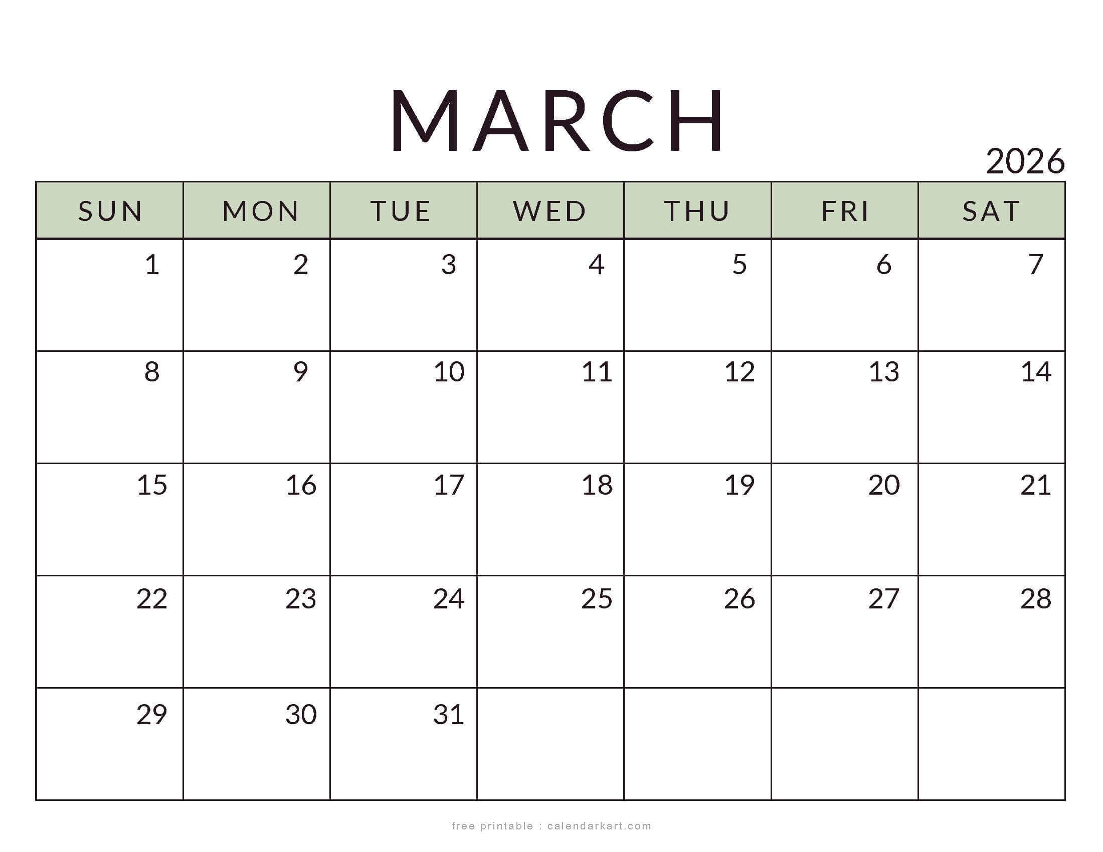March 2026 Calendar Standard Printable Soft Pastel