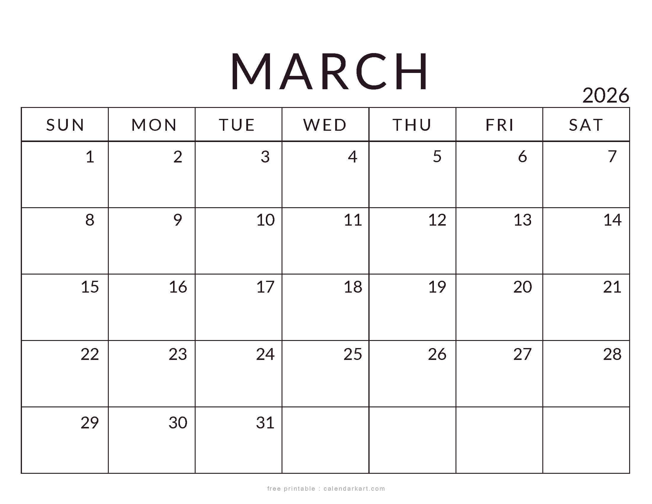 March 2026 Calendar Standard Printable