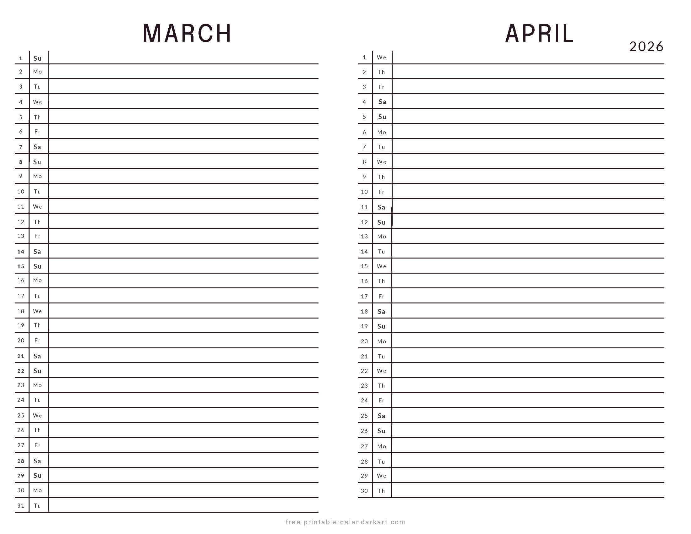 March April 2026 Bi-Month Calendar List View
