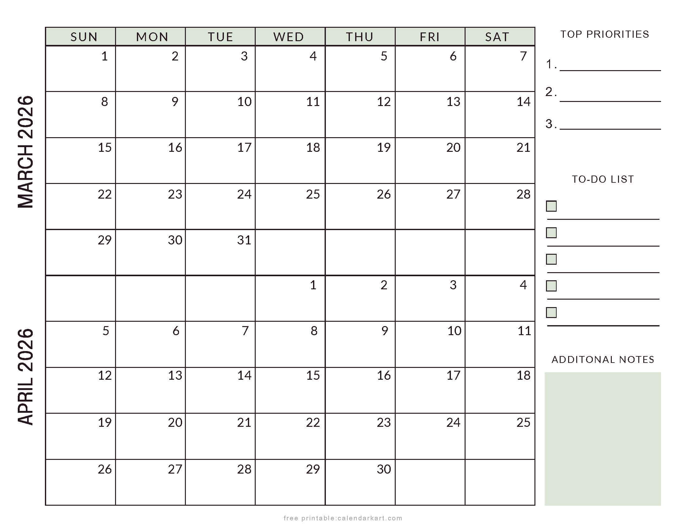 March April 2026 Bi-Month Calendar Planner Soft Pastel Design