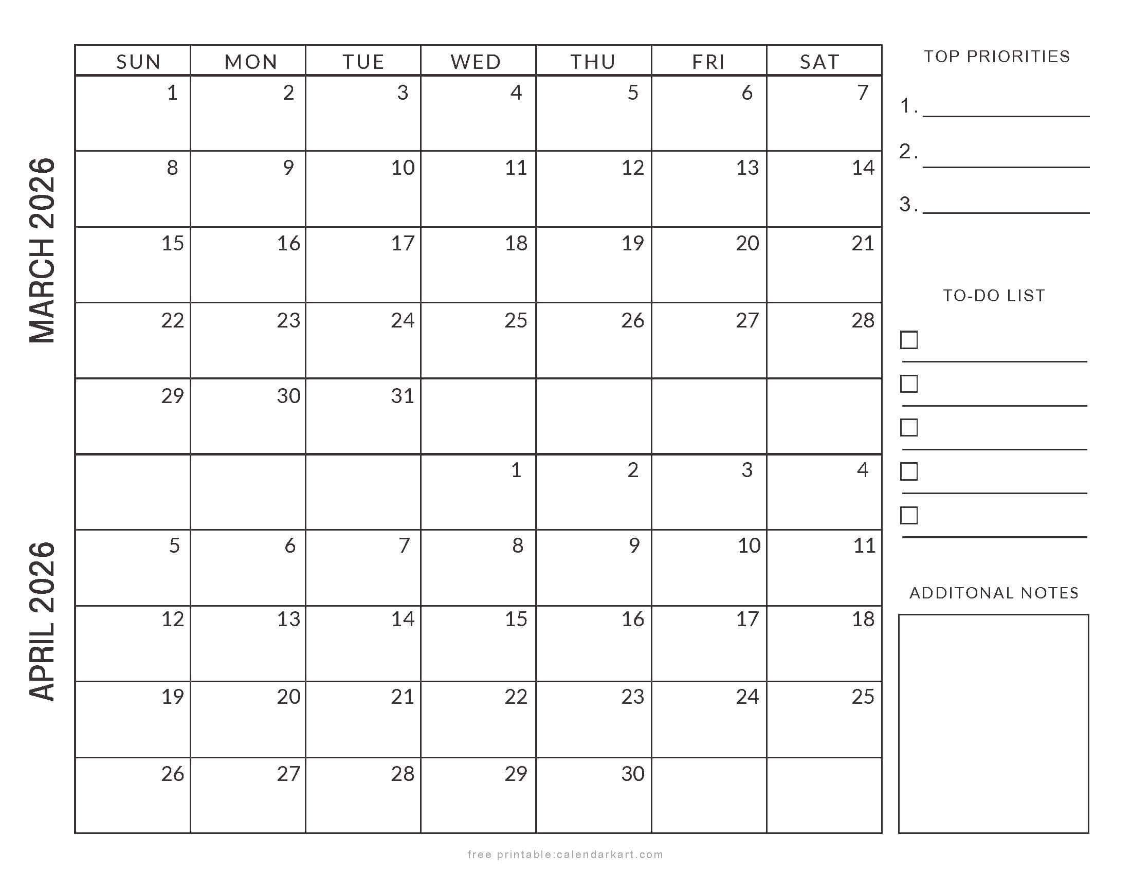 March April 2026 Bi-Month Calendar Planner