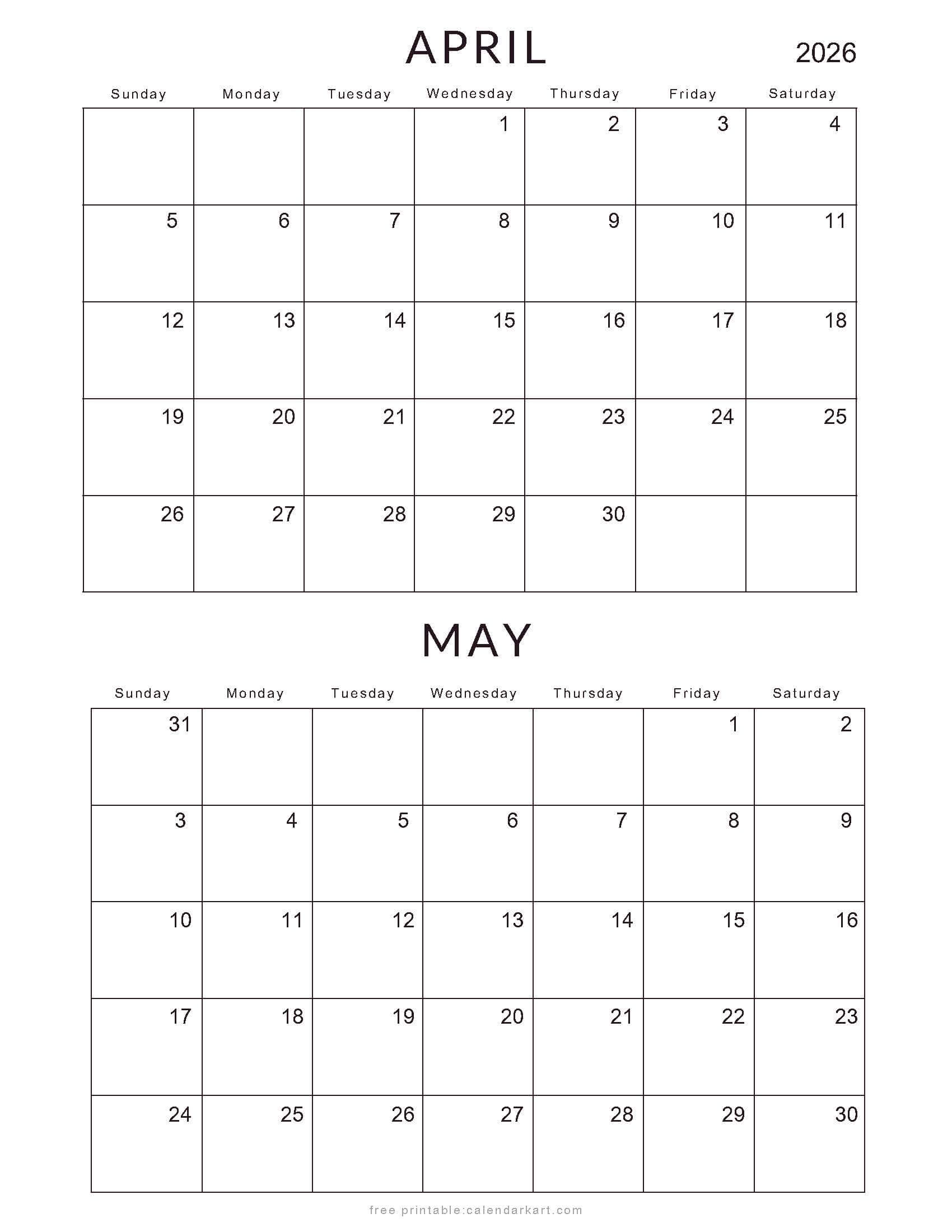  April May 2026 Bi-Month Calendar Standard