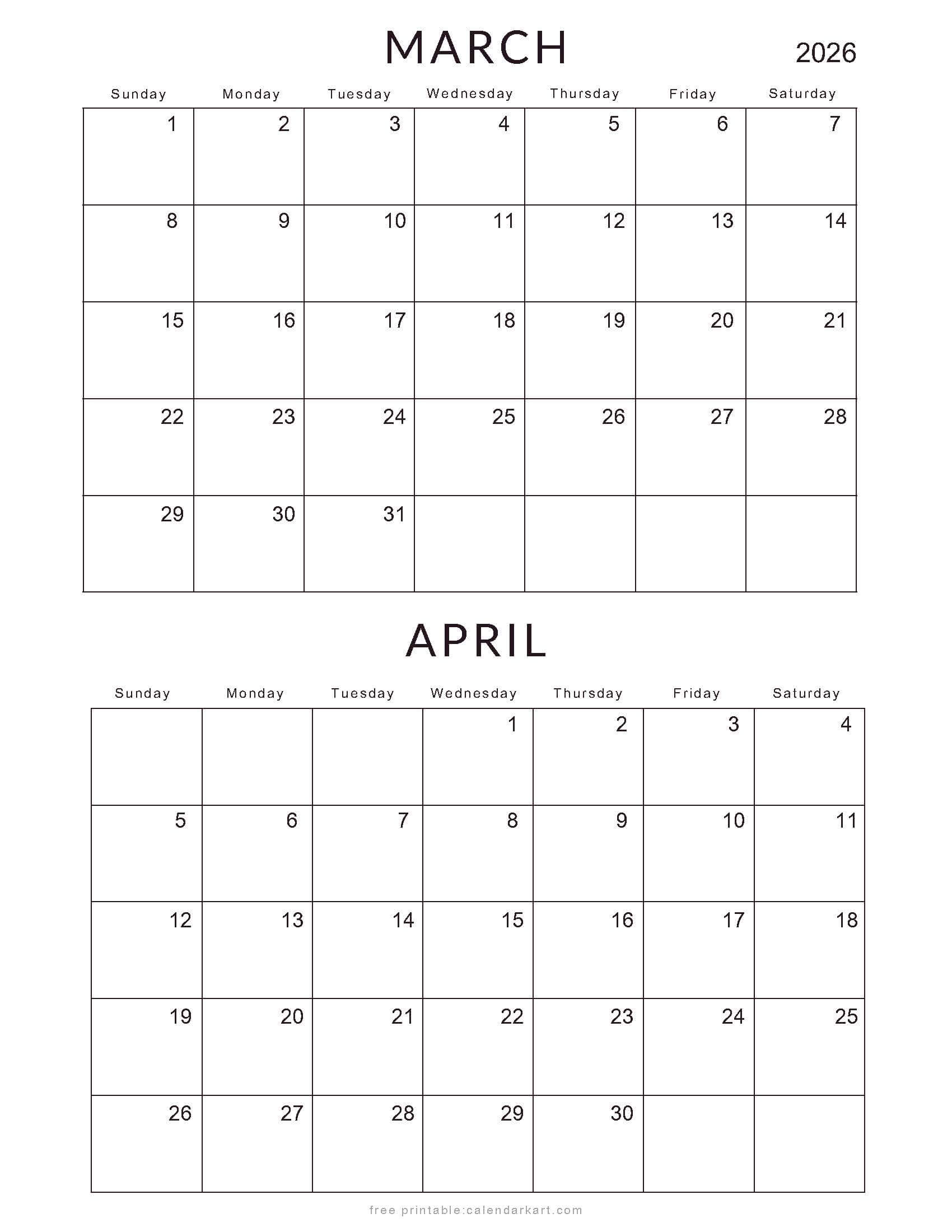 March April 2026 Bi-Month Calendar Standard