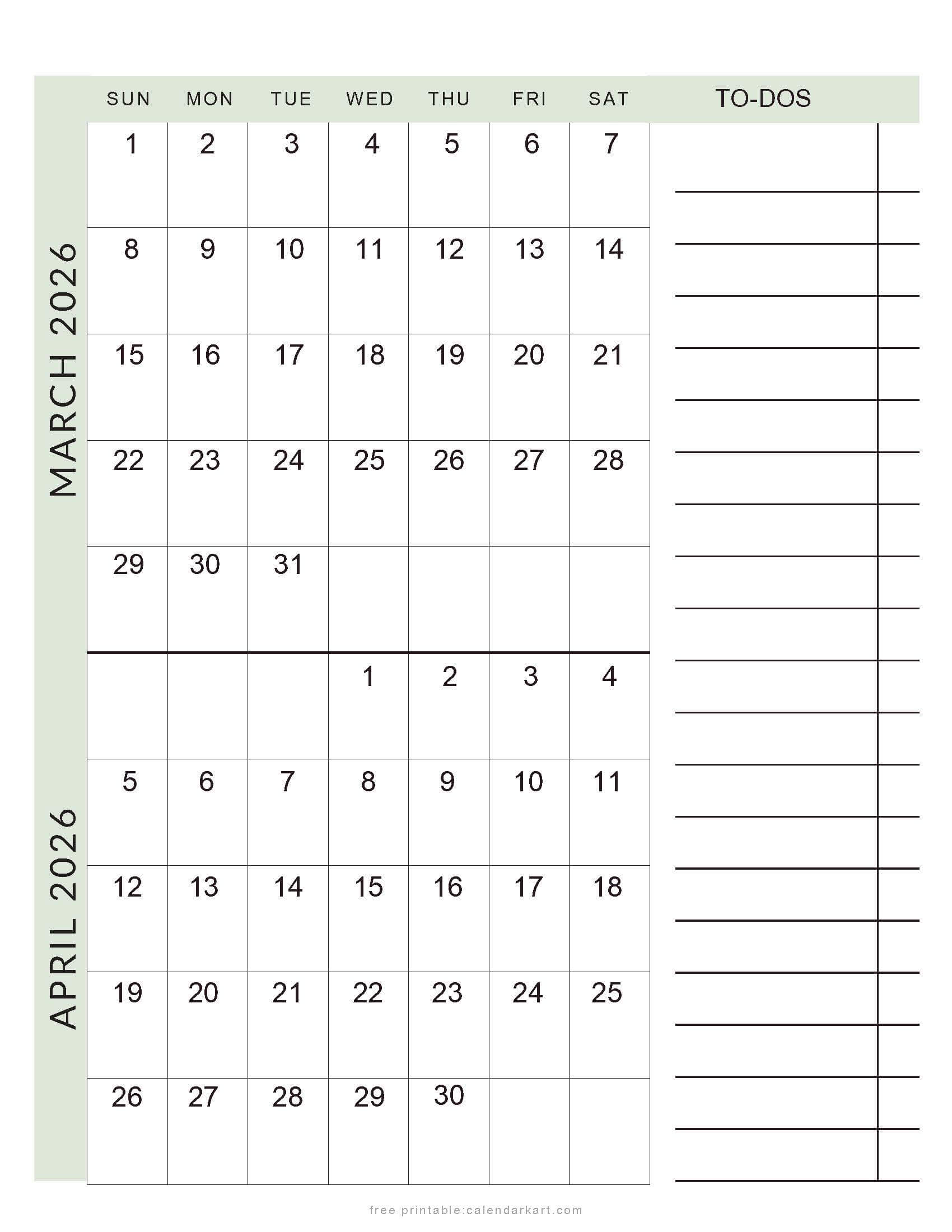 March April 2026 Bi-Month Calendar To Do List Colored