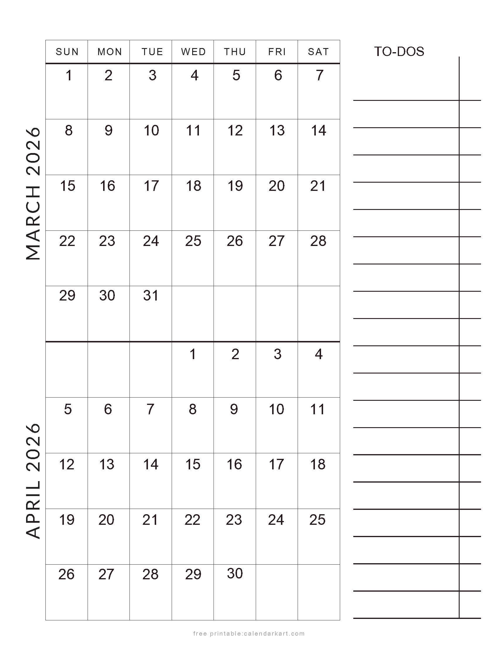 March April 2026 Bi-Month Calendar To Do List