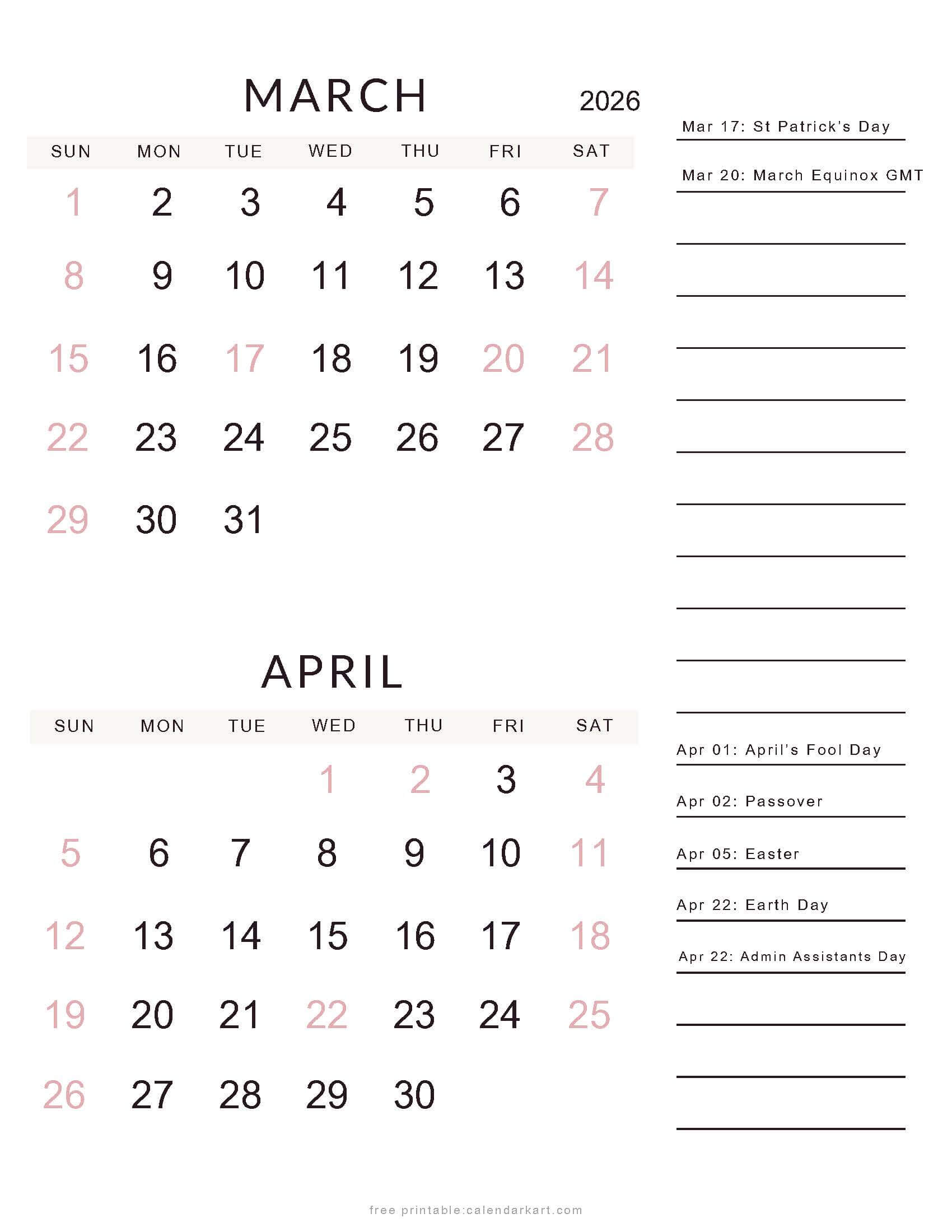 March April 2026 Bi-Month Calendar with Holidays