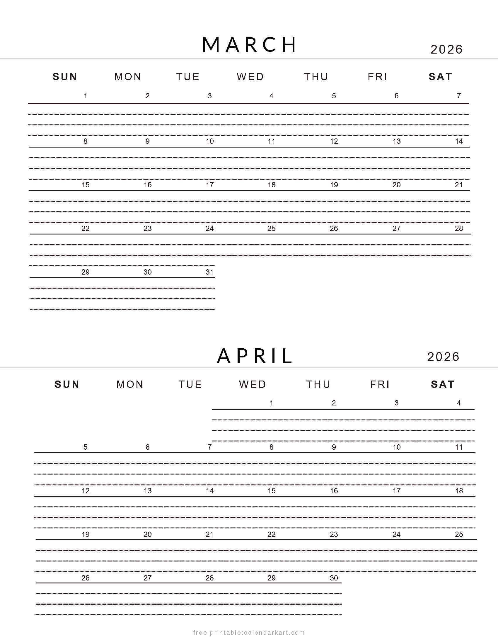 March April 2026 Bi-Month Lined Calendar