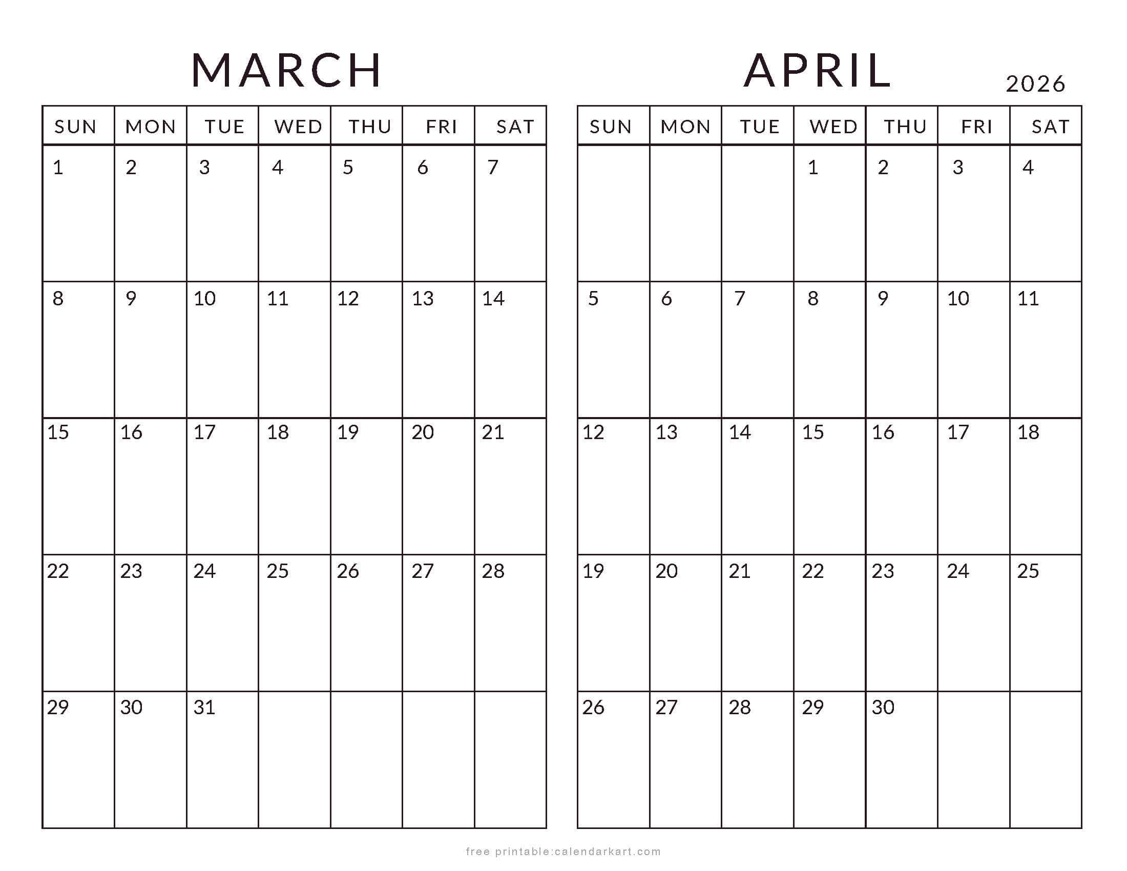 March April 2026 Bi-Month Minimal Calendar