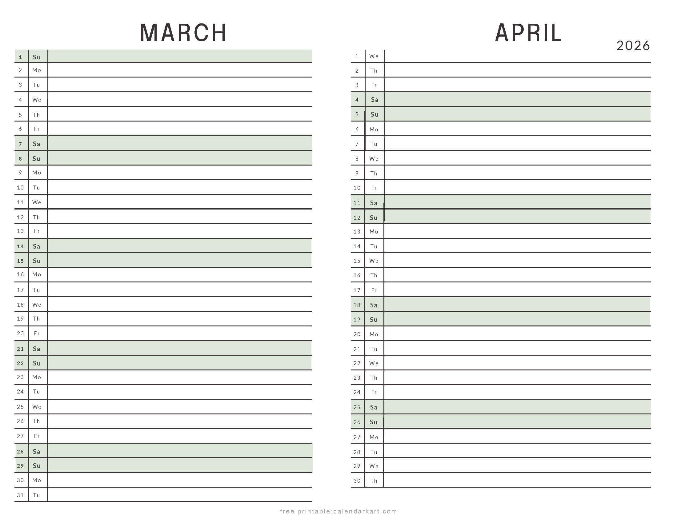 March April 2026 Calendar List View