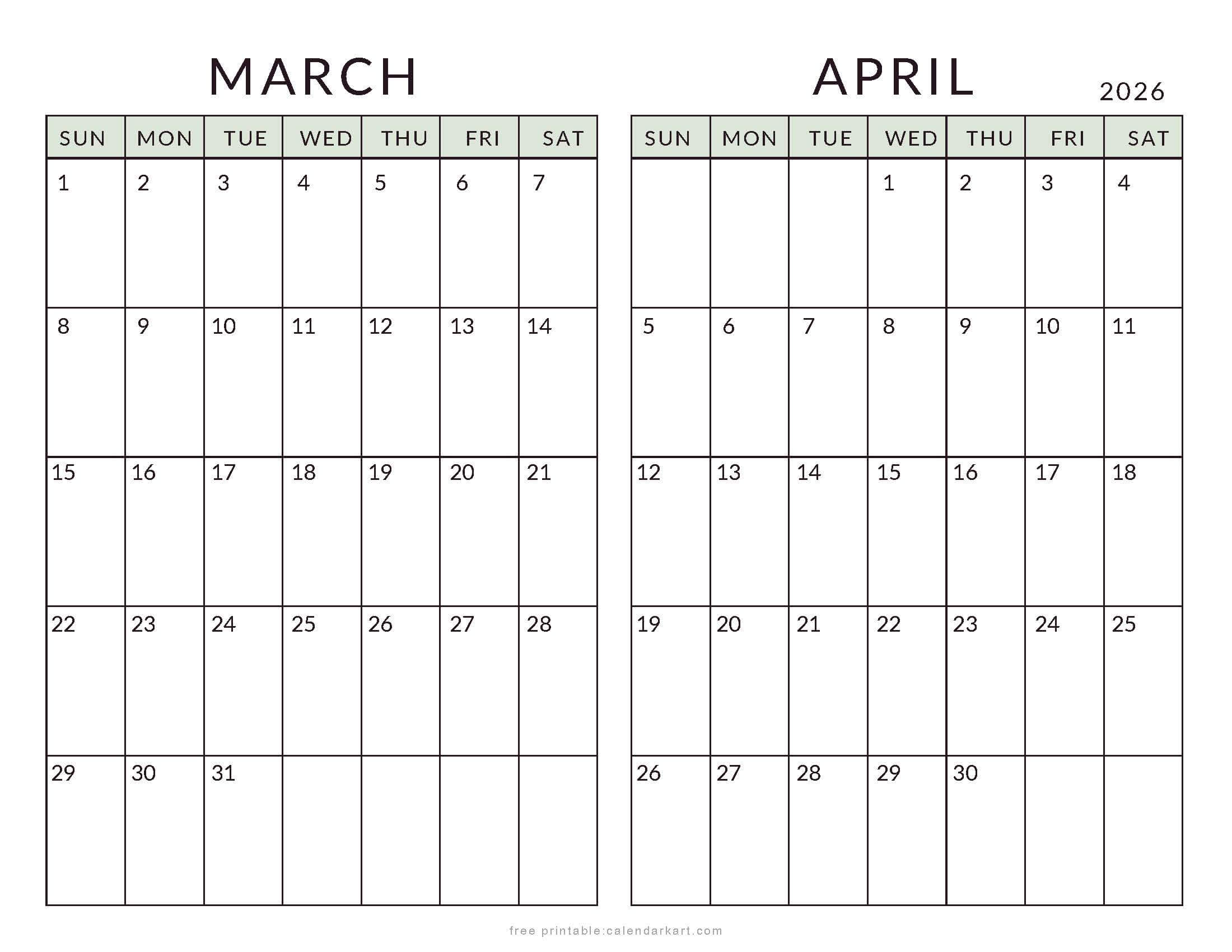 March April 2026 Minimal Calendar