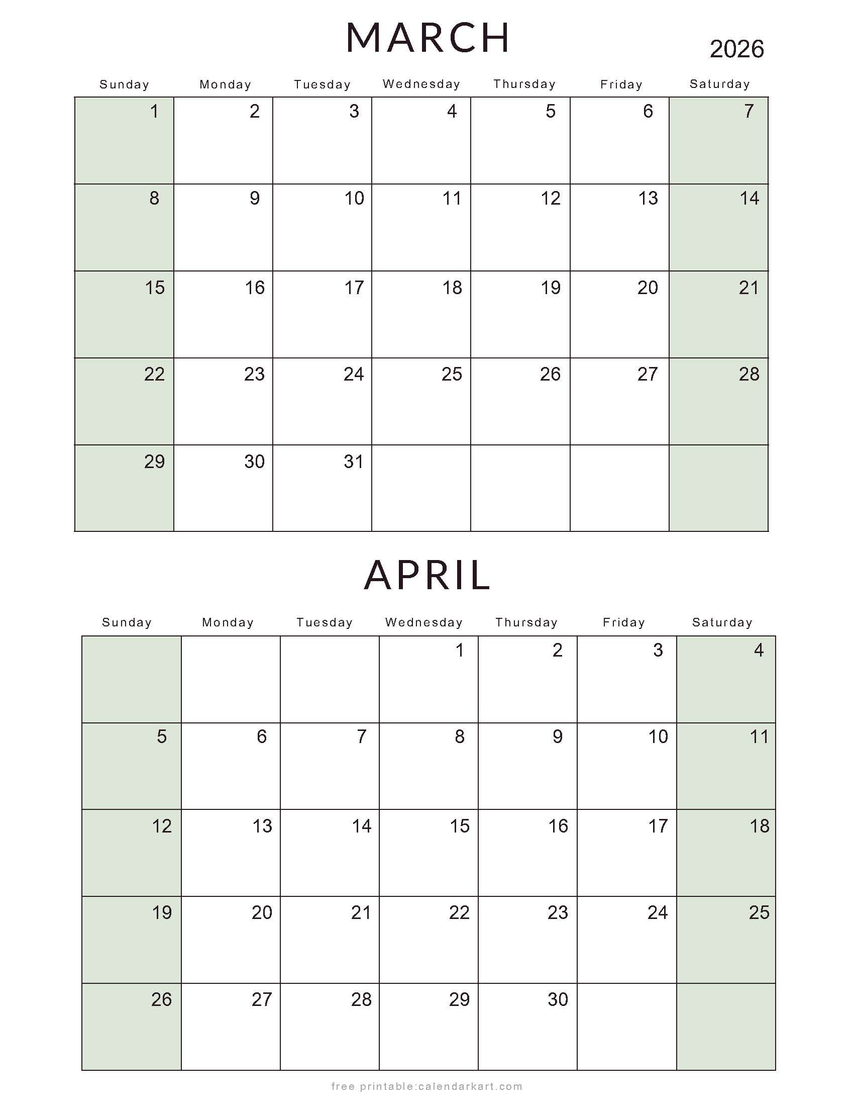 March April 2026 Standard Calendar Colored