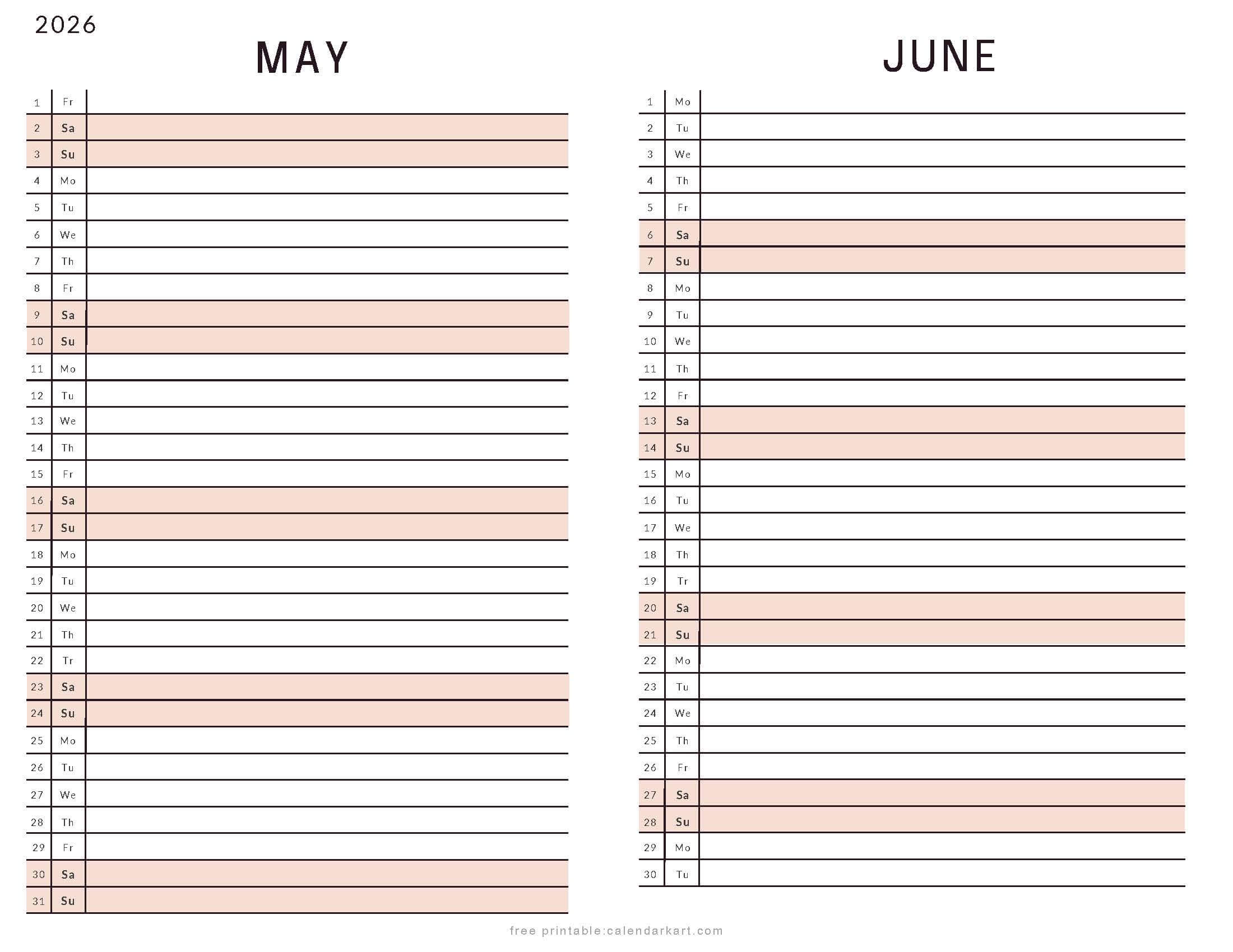 May June 2026 Calendar List View Soft Pastel