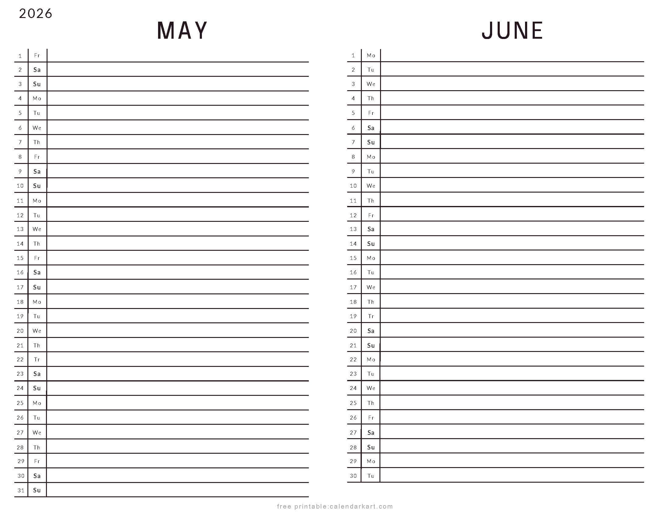 May June 2026 Calendar List View
