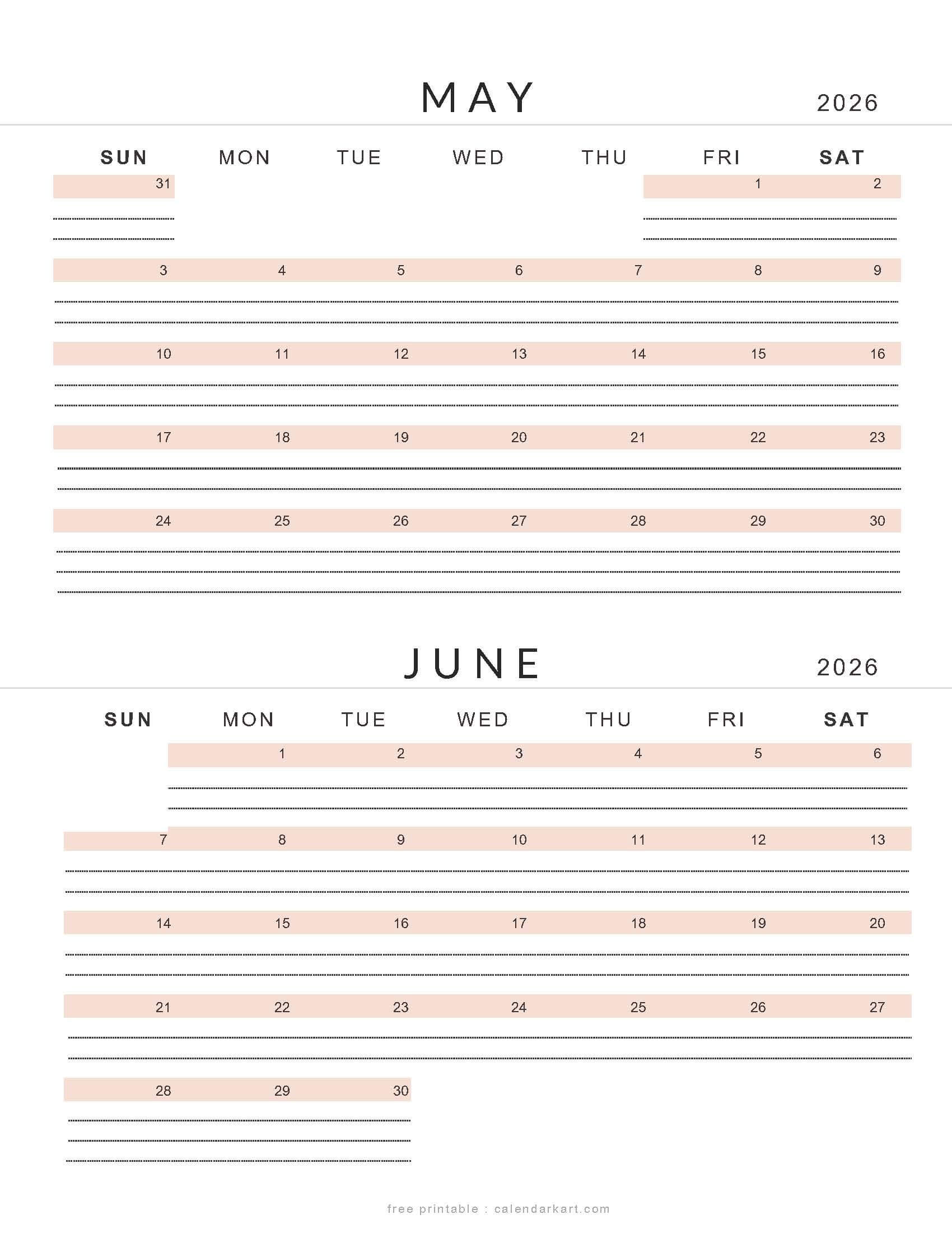 May June 2026 Lined Calendar Soft Pastel