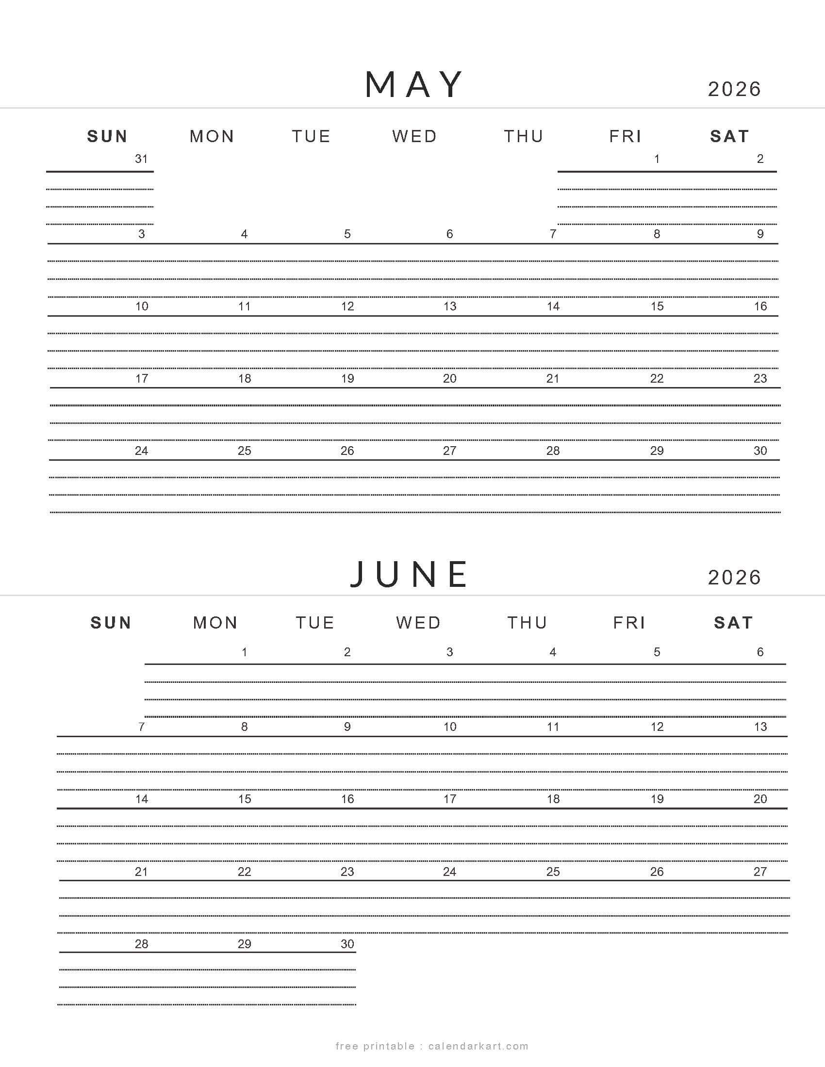 May June 2026 Lined Calendar