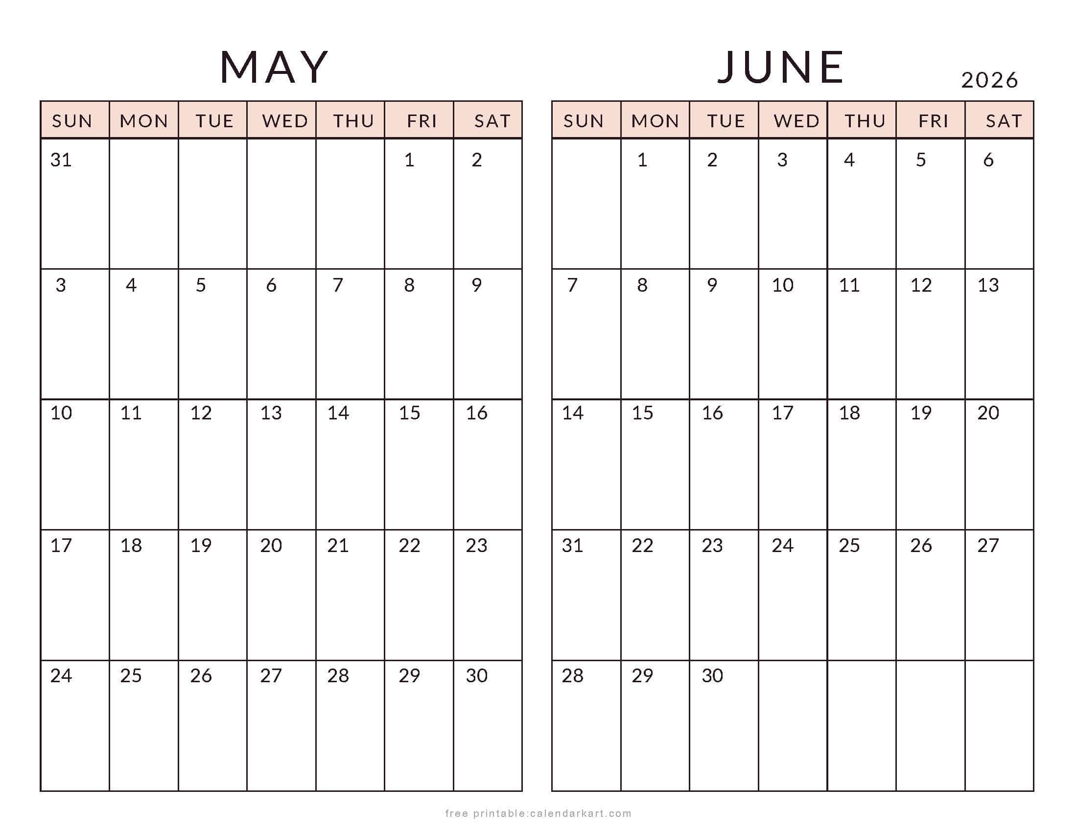 May June 2026 Minimal Calendar Soft Pastel