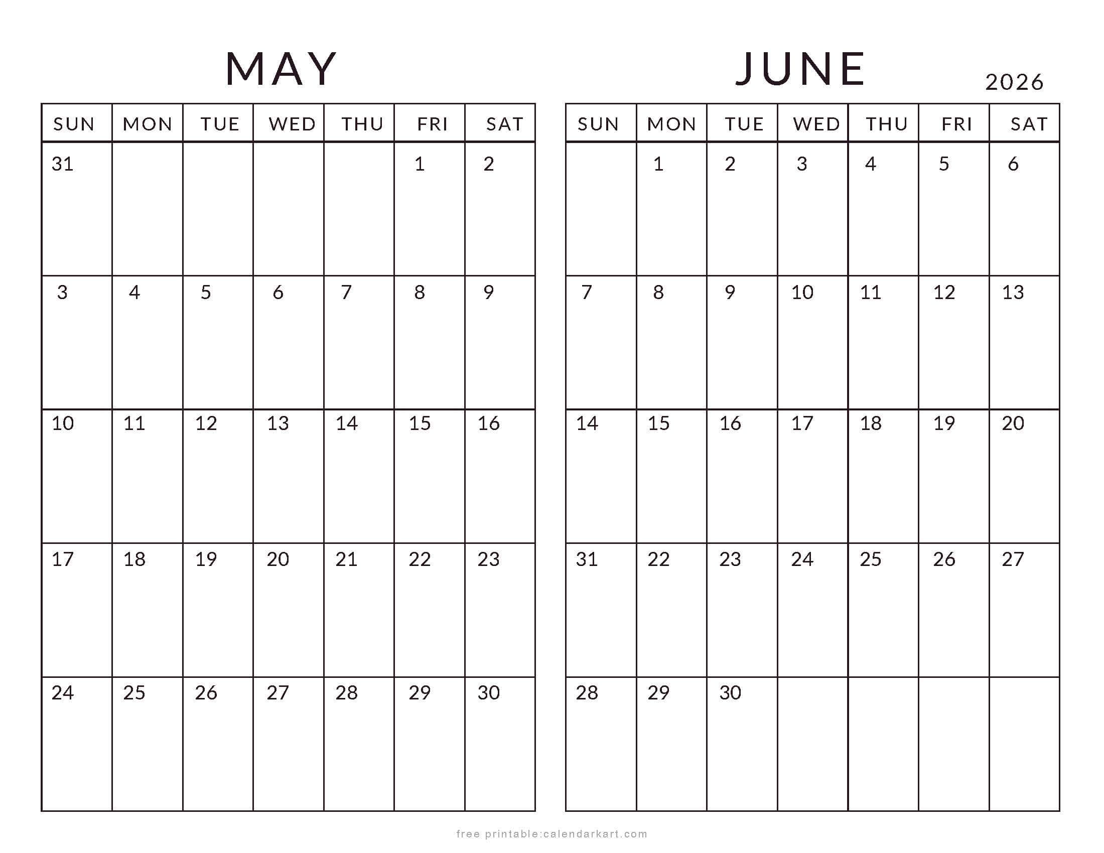 May June 2026 Minimal Calendar