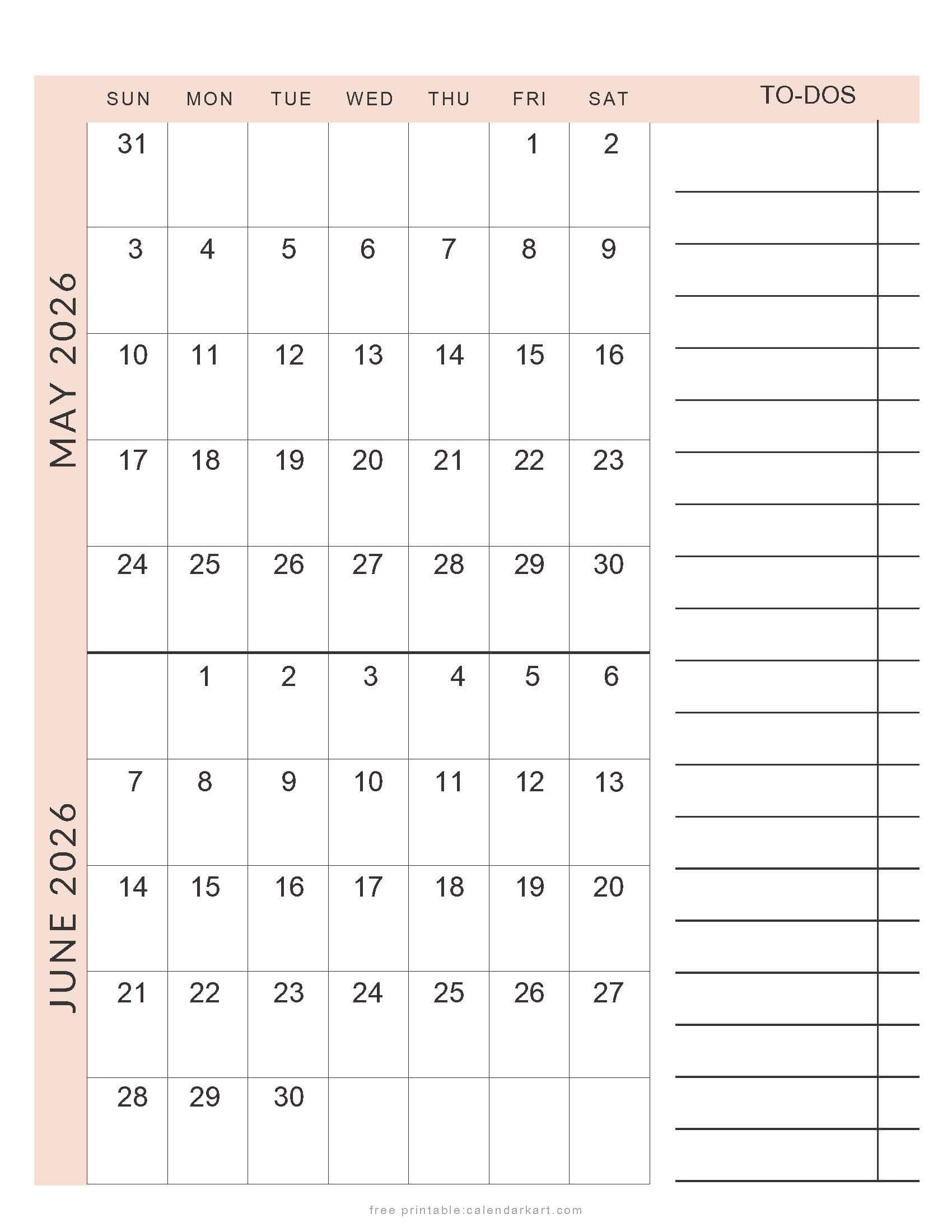 May June 2026 Planner Calendar Soft Pastel