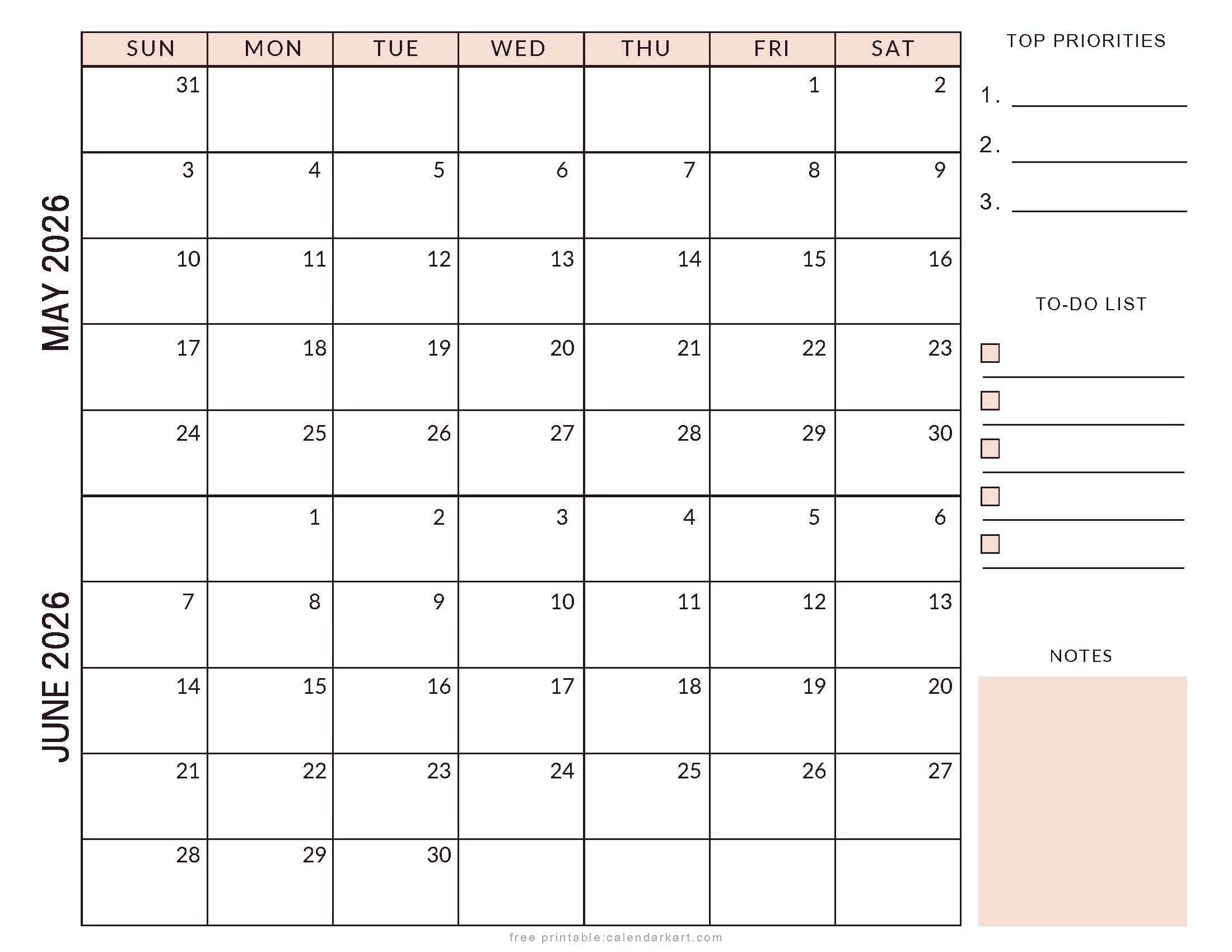 May June 2026 Planner Style Calendar Soft Pastel