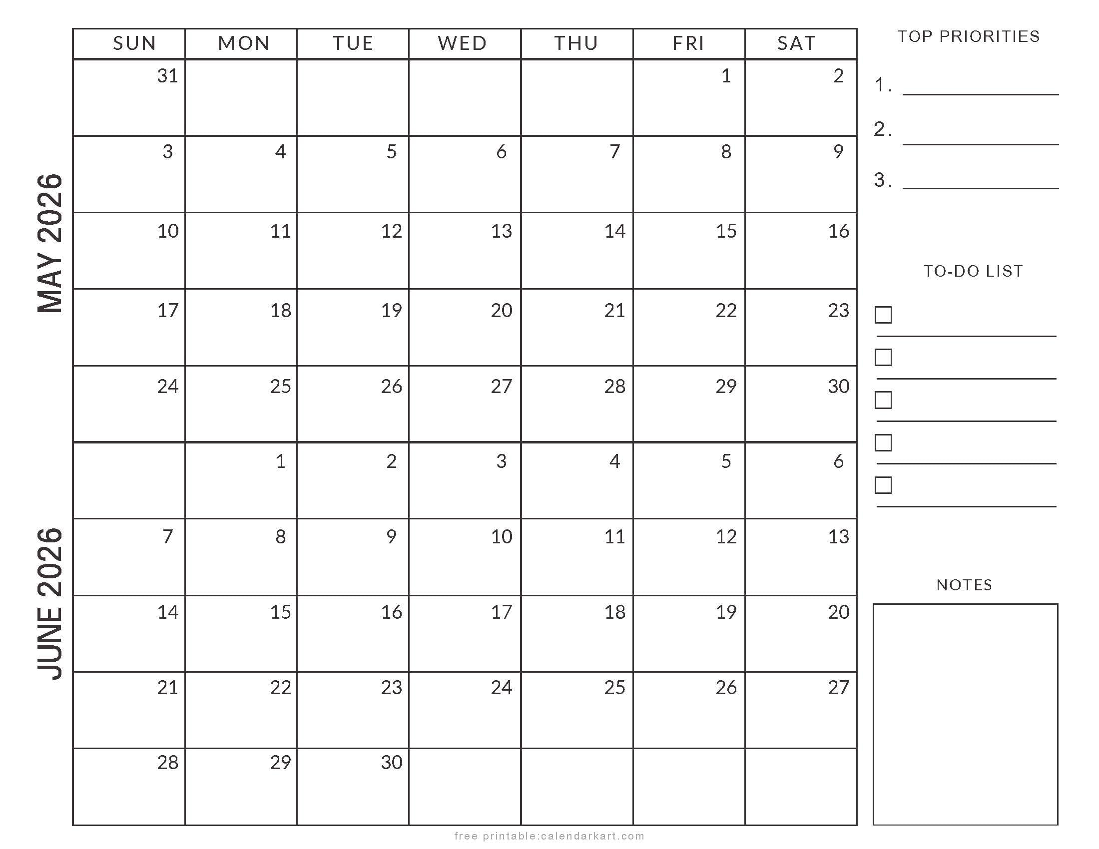 May June 2026 Planner Style Calendar
