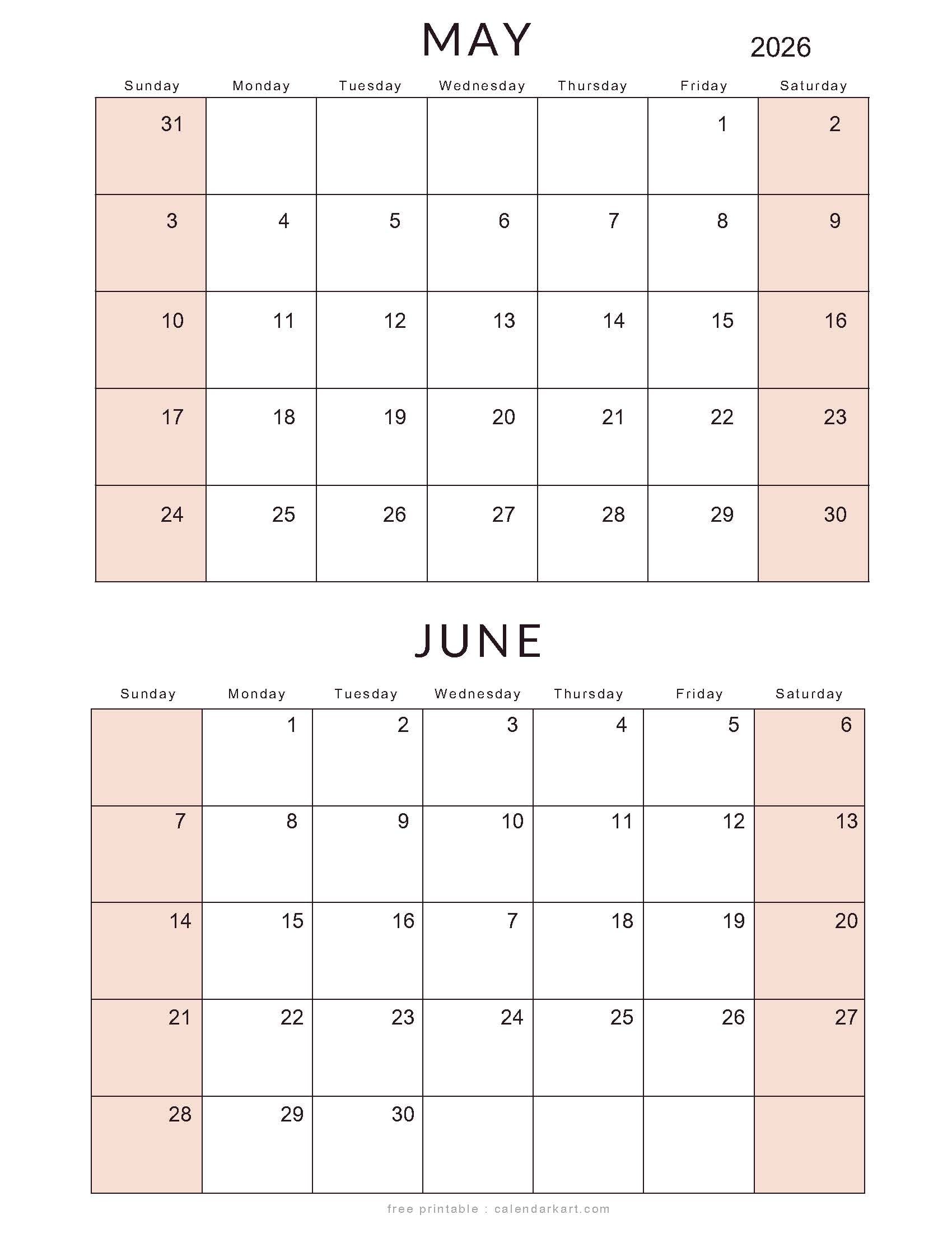 May June 2026 Standard Calendar Soft Pastel