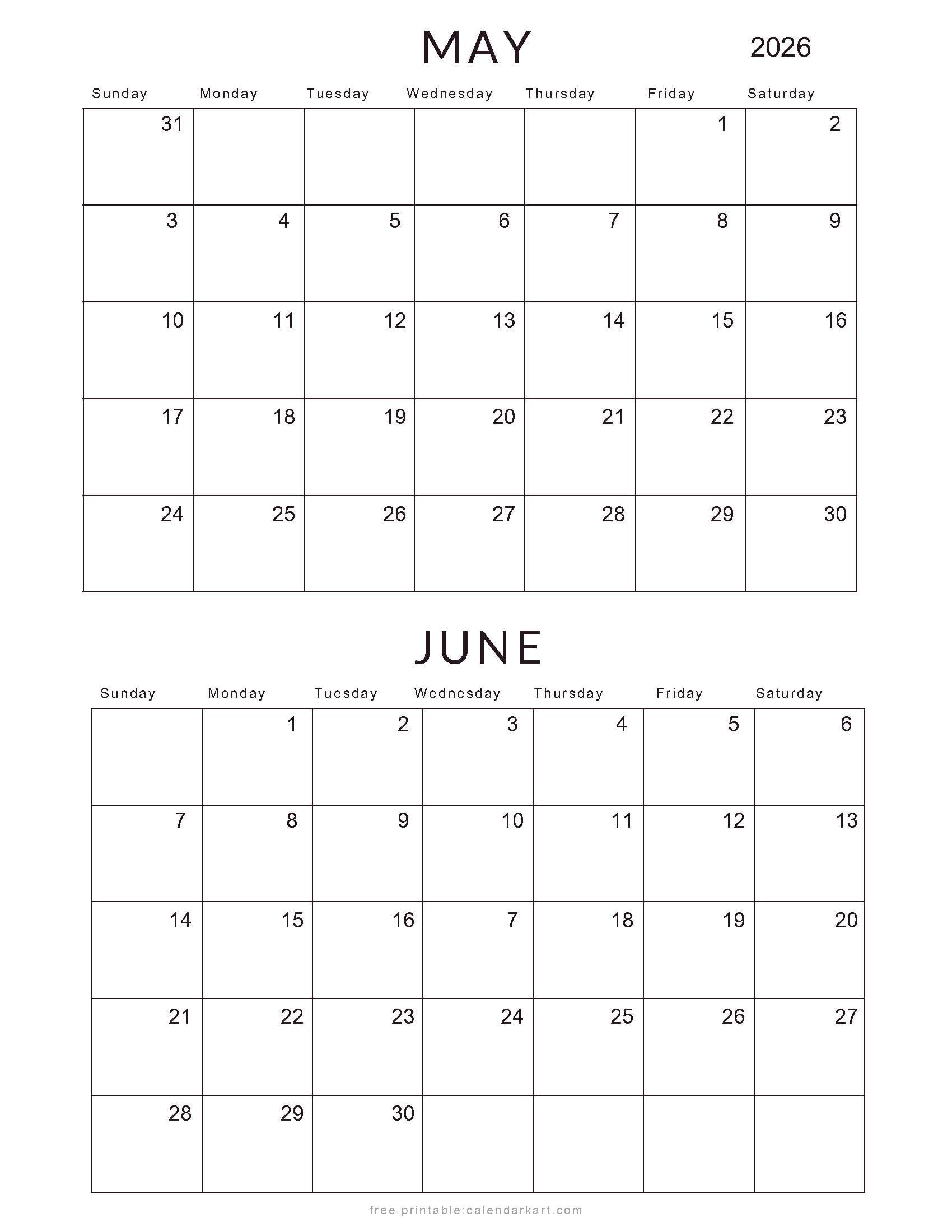 May June 2026 Standard Calendar