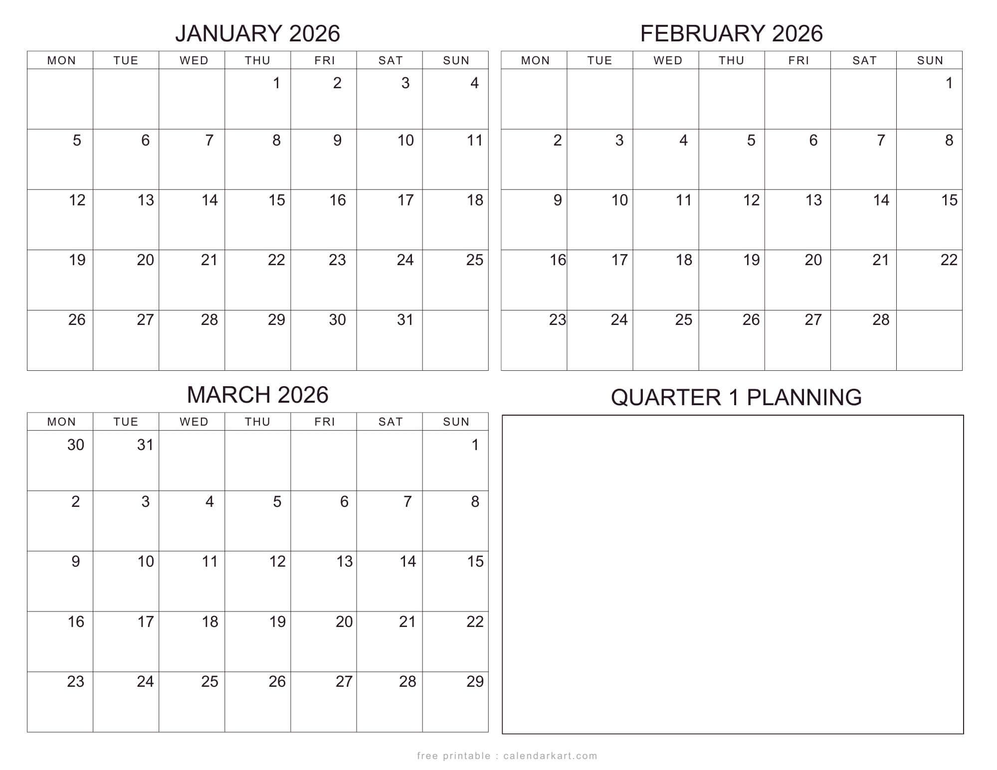 Monday Start Quarter Printable Calendar 2026 Planner