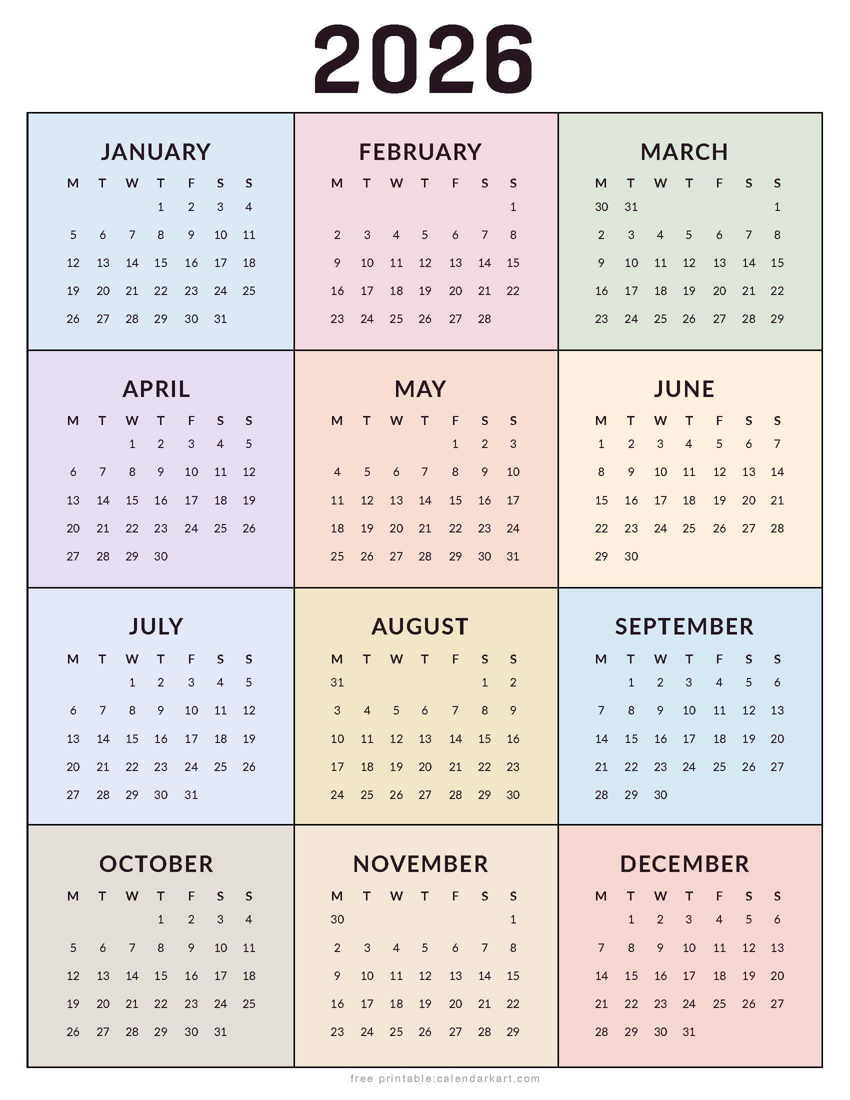 Monday Start Yearly Calendar 2026 Colored Blocks