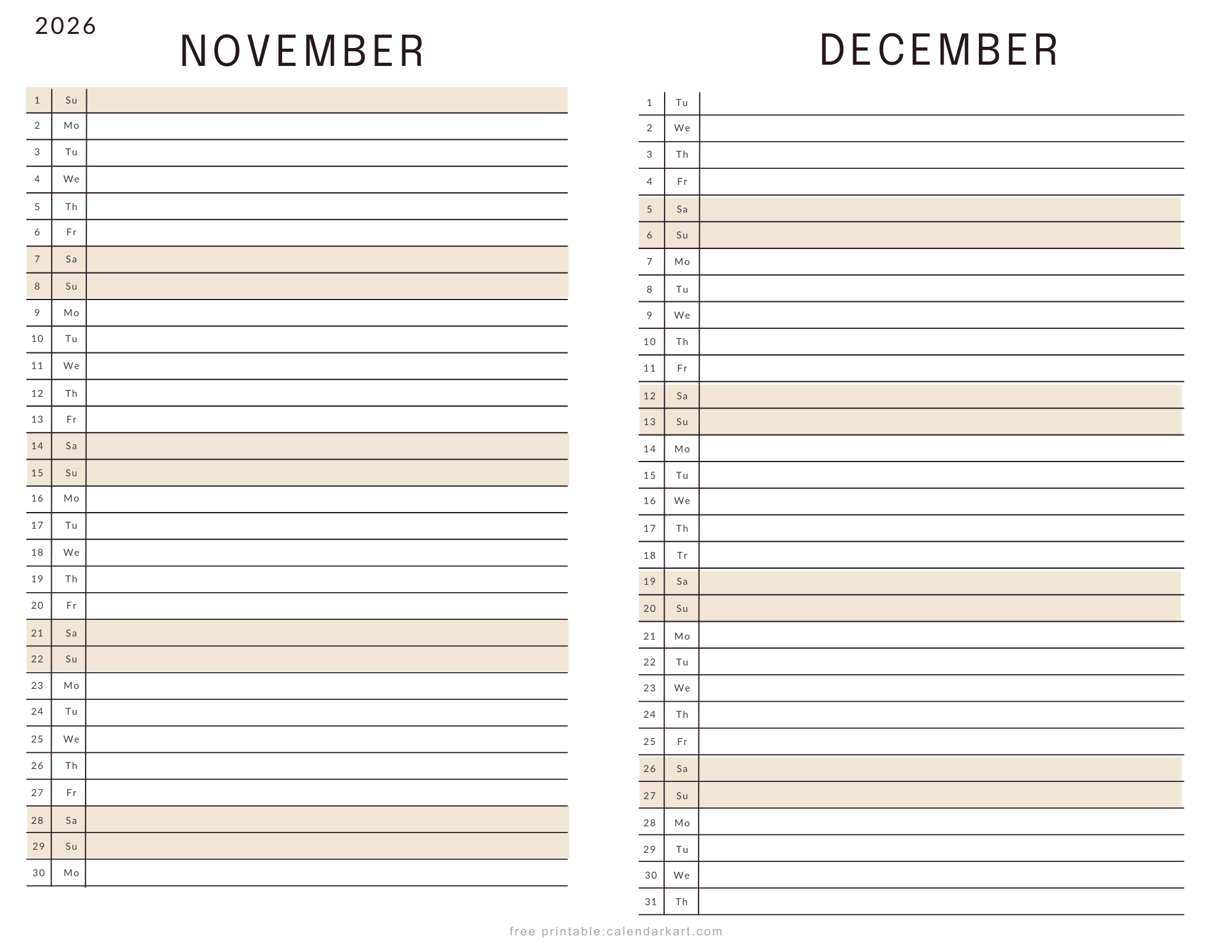 November December 2026 Calendar List View Soft Pastel