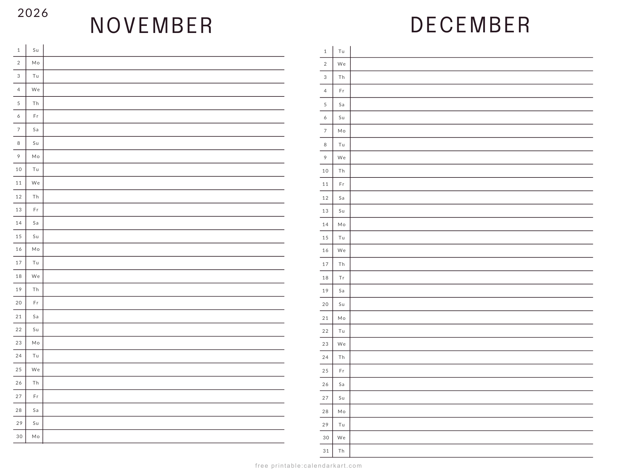 November December 2026 Calendar List View