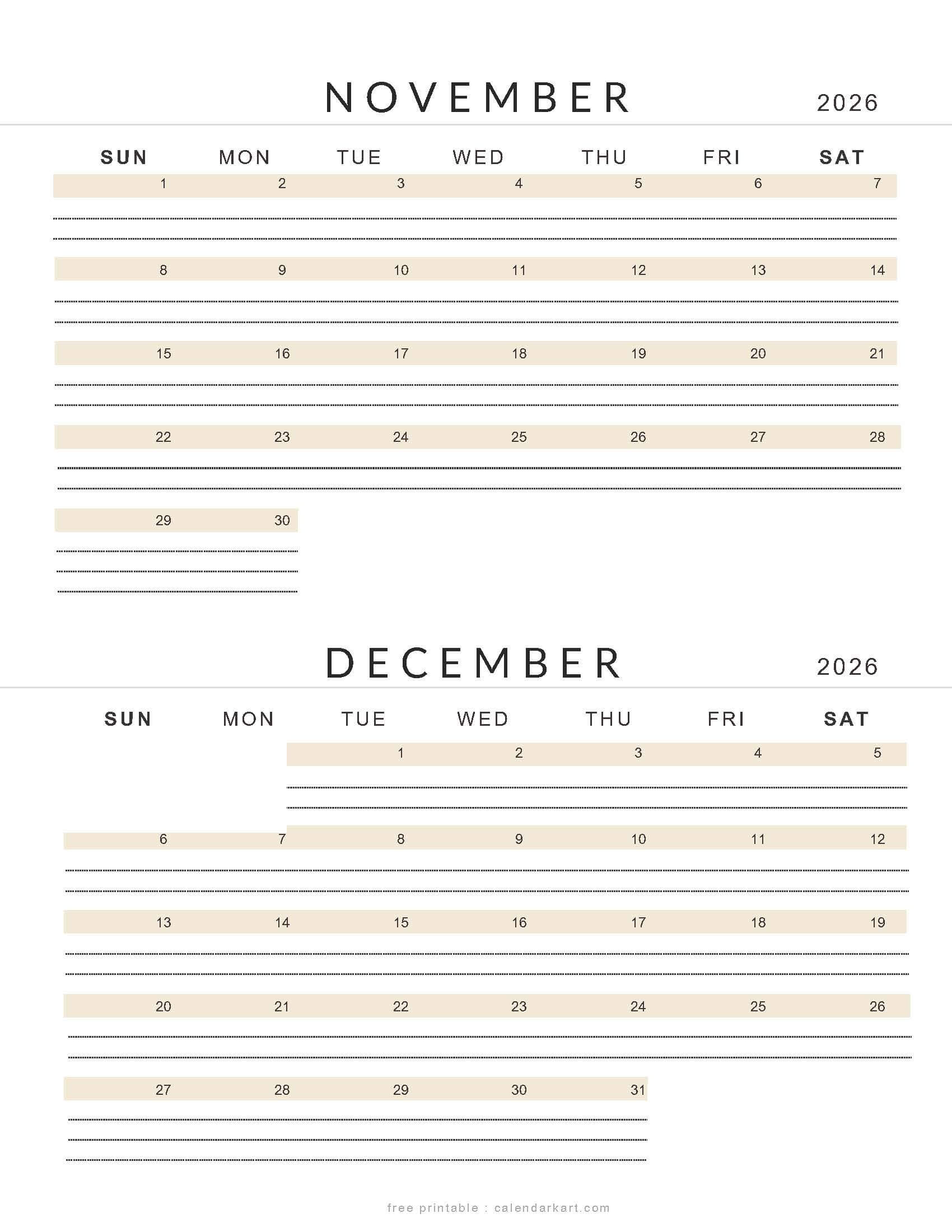 November December 2026 Lined Calendar Soft Pastel