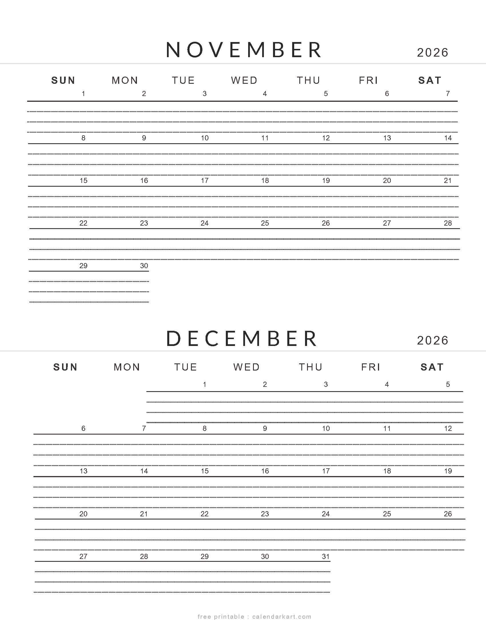 November December 2026 Lined Calendar