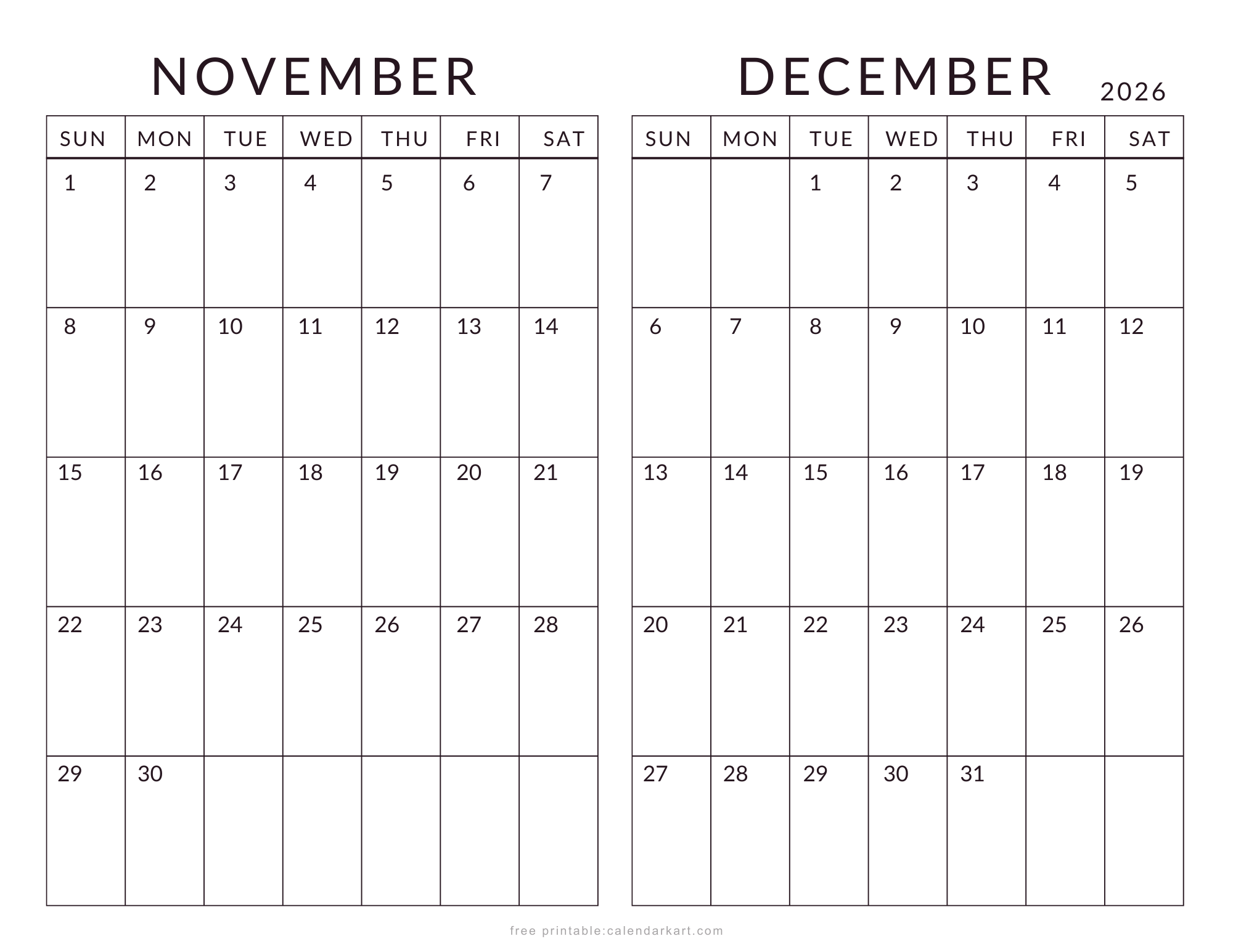 November December 2026 Minimal Calendar
