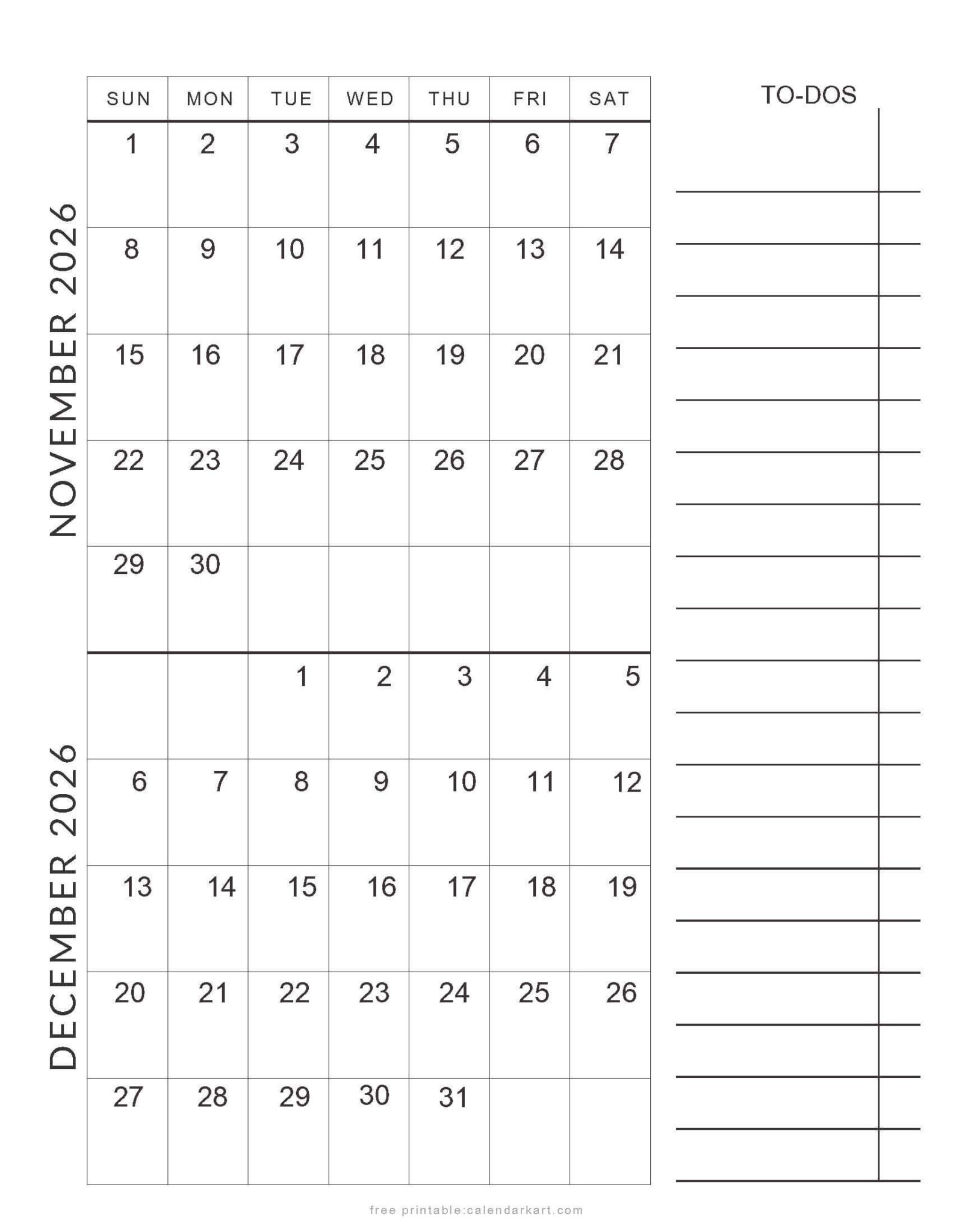 november december 2026 Calendars - Free Printable PDFs - CalendarKart