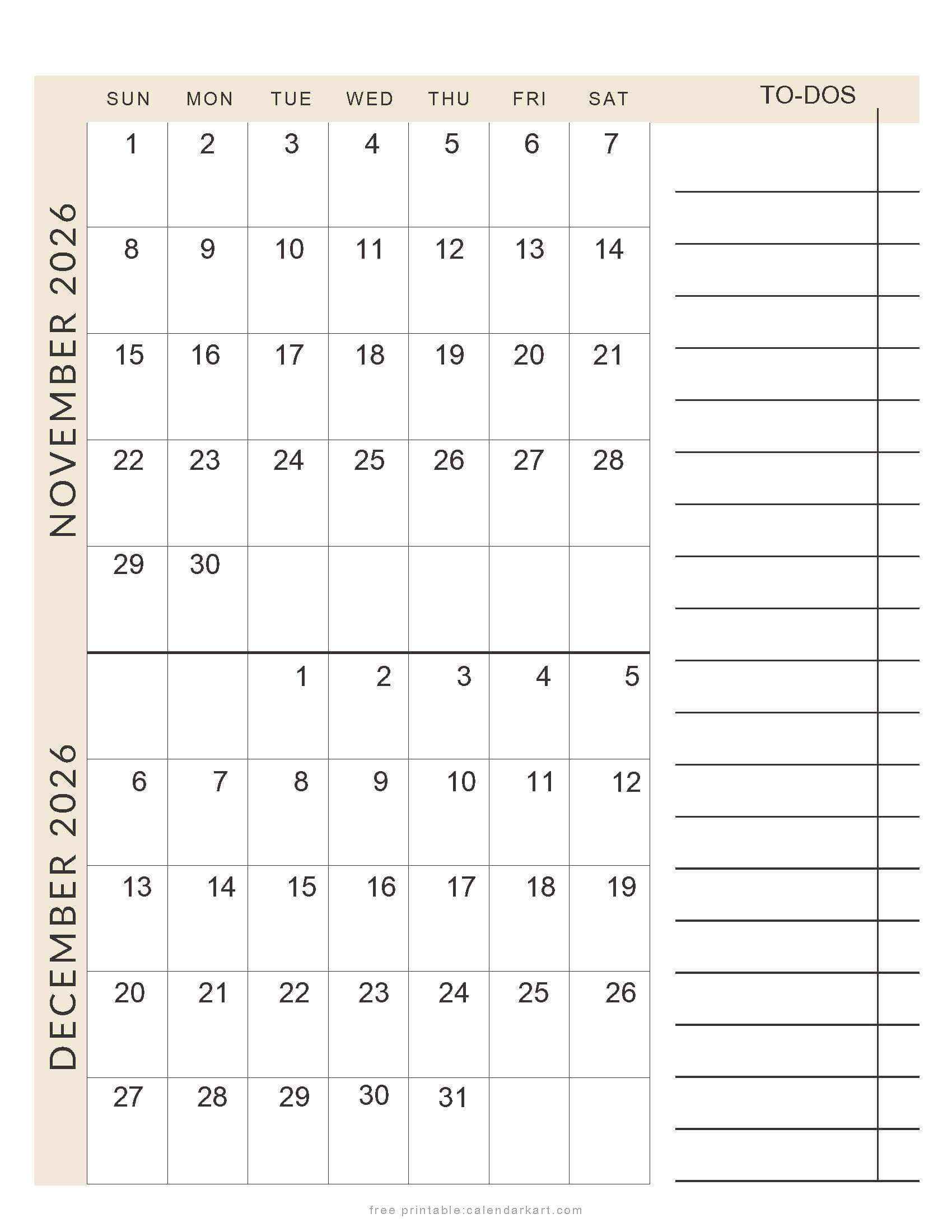 November December 2026 Planner Calendar Soft Pastel
