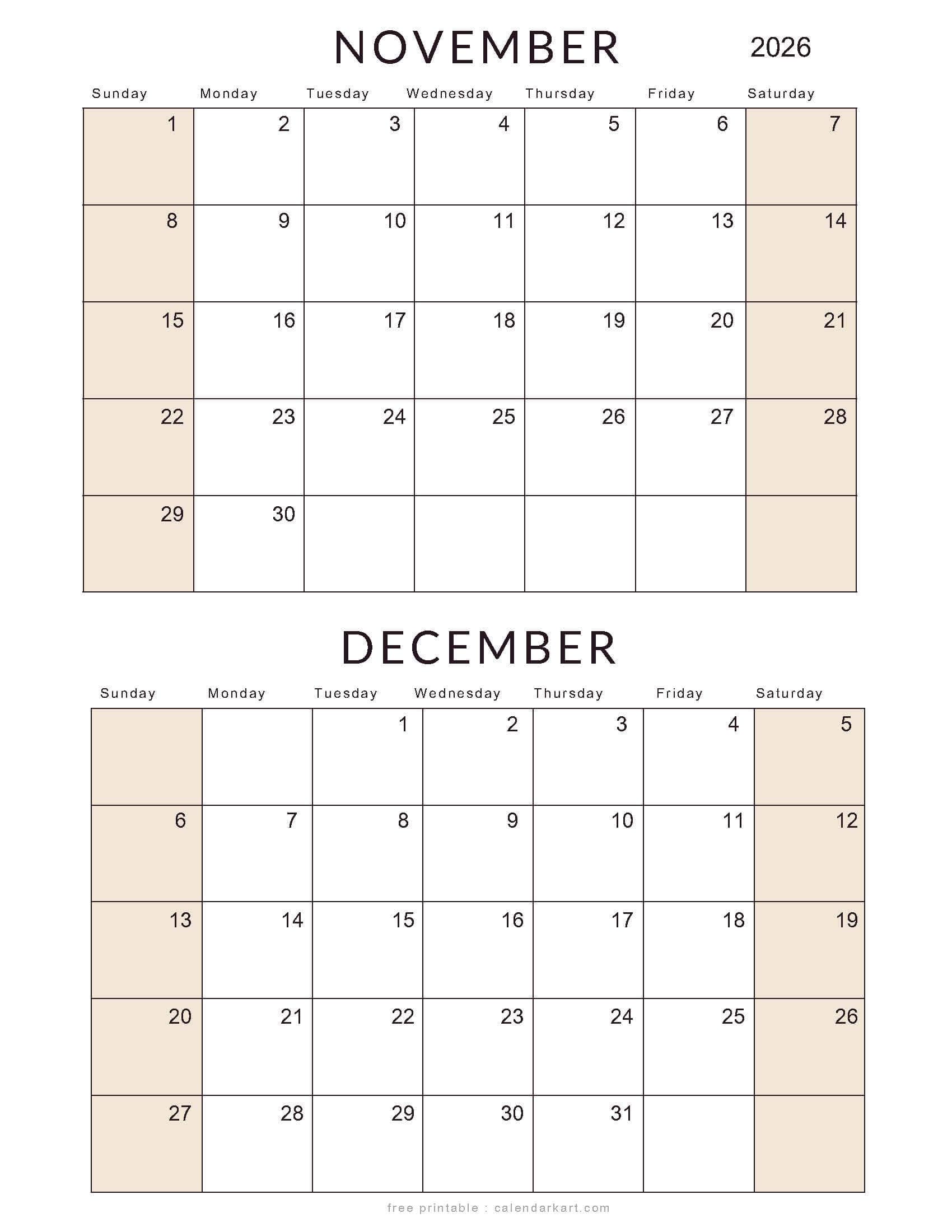 november december 2026 Calendars – Free Printable PDFs ...