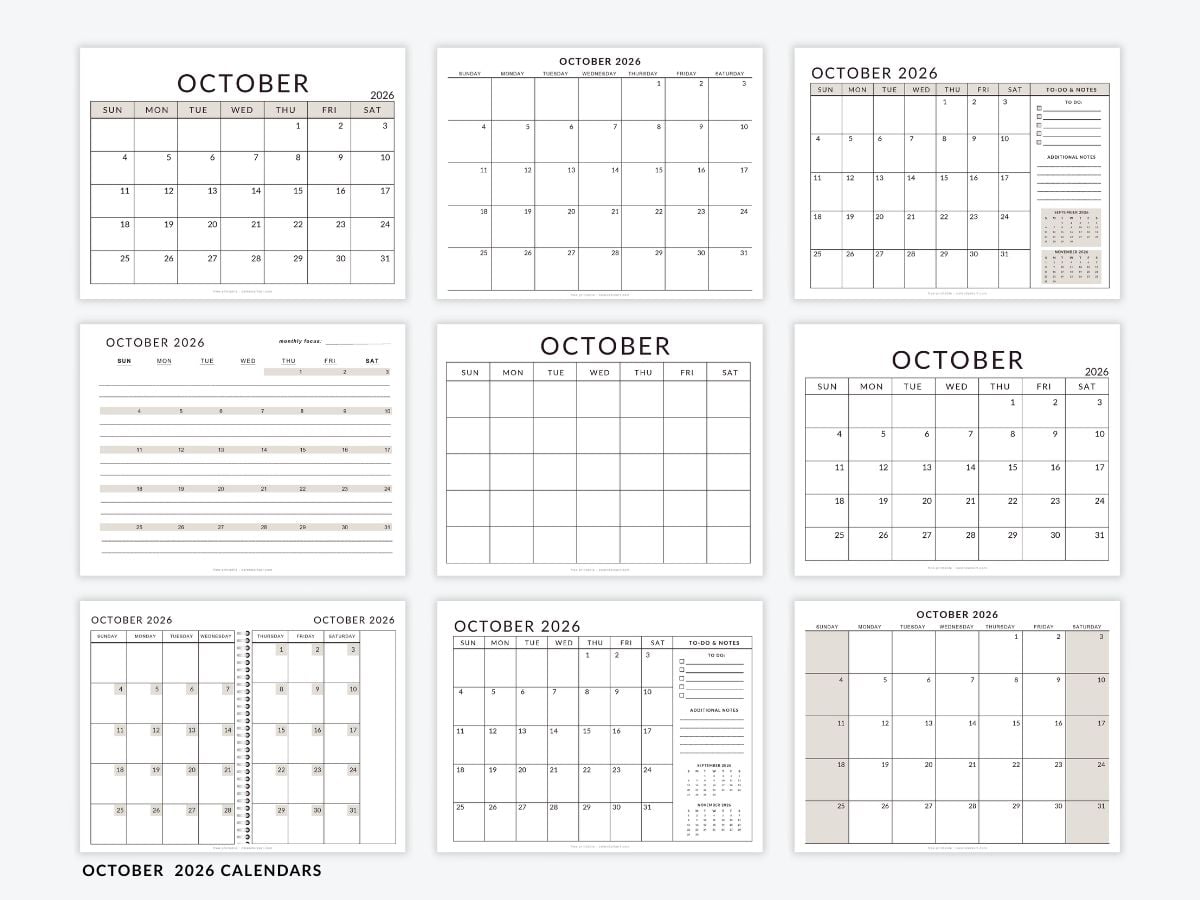 October 2026 Calendar Templates - Free Printable PDFs